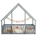 Full Wood House Shaped Floor Bed With Fence, Guardrails,Grey Full Grey American Design Pine