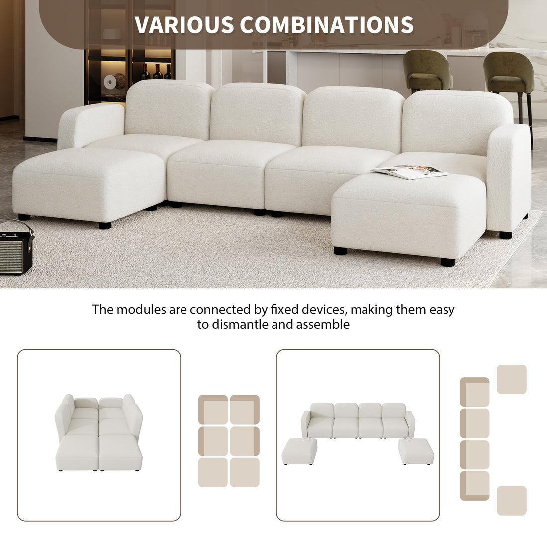 116*58" Velvet Modular Sectional Sofa,U Shaped Reversible Couch Set,Free Combination,6 Seat Sleeper Cloud Sofa Bed With Ottoman,Convertible Oversized Indoor Furniture Pieces For Living Room,Beige Beige Velvet 6 Seat