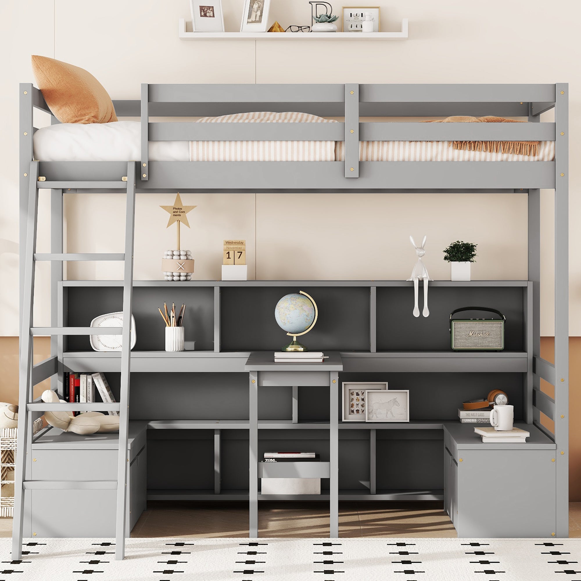 Twin Loft Bed With Storage Shelves, Drawers, Seat And Desk For Grey Color Box Spring Not Required Twin Grey Wood Bedroom Modern Storage Included Pine