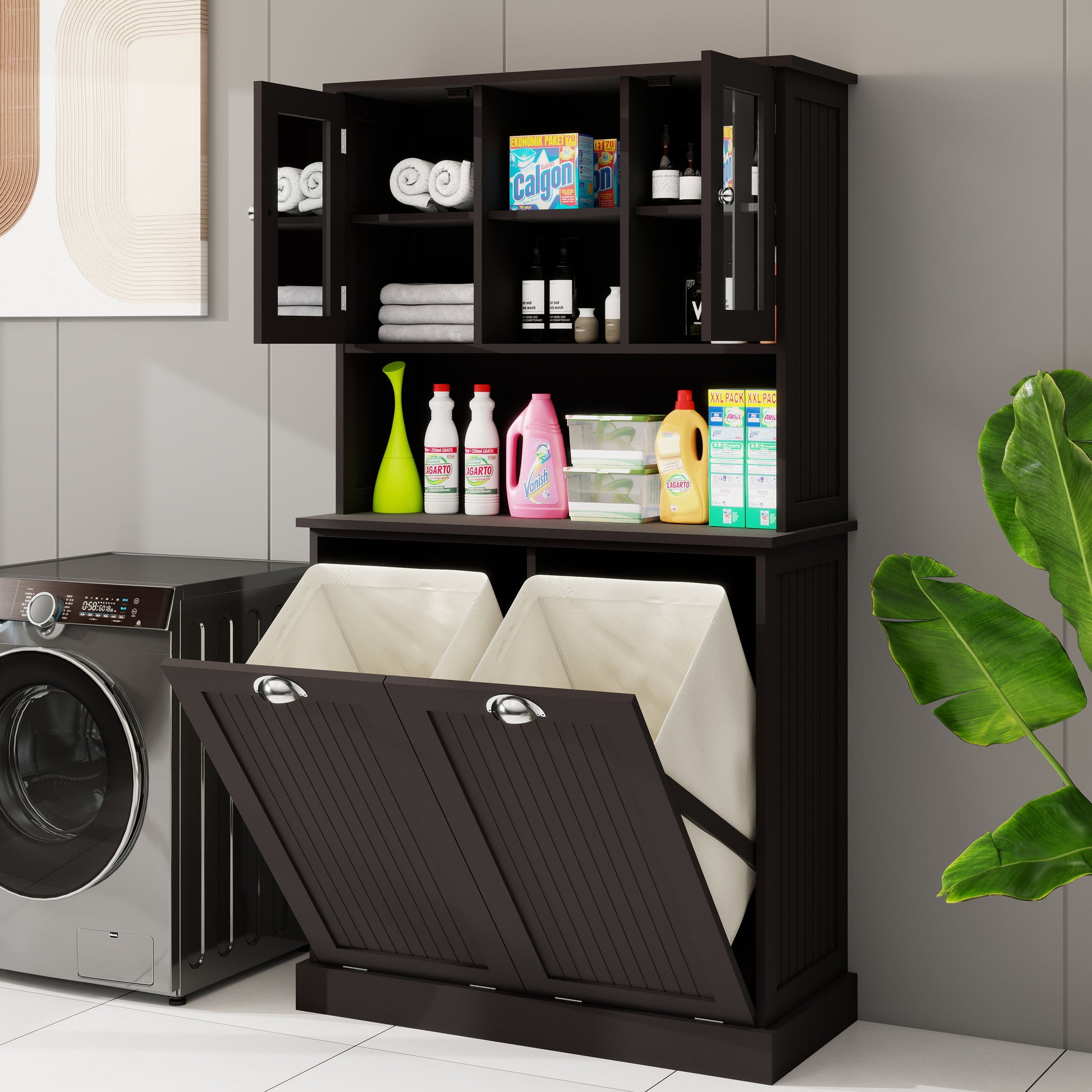 Two Compartment Tilt Out Dirty Laundry Basket Tall Bathroom Cabinet With 2 Adjustable Shelves Black Black Mdf