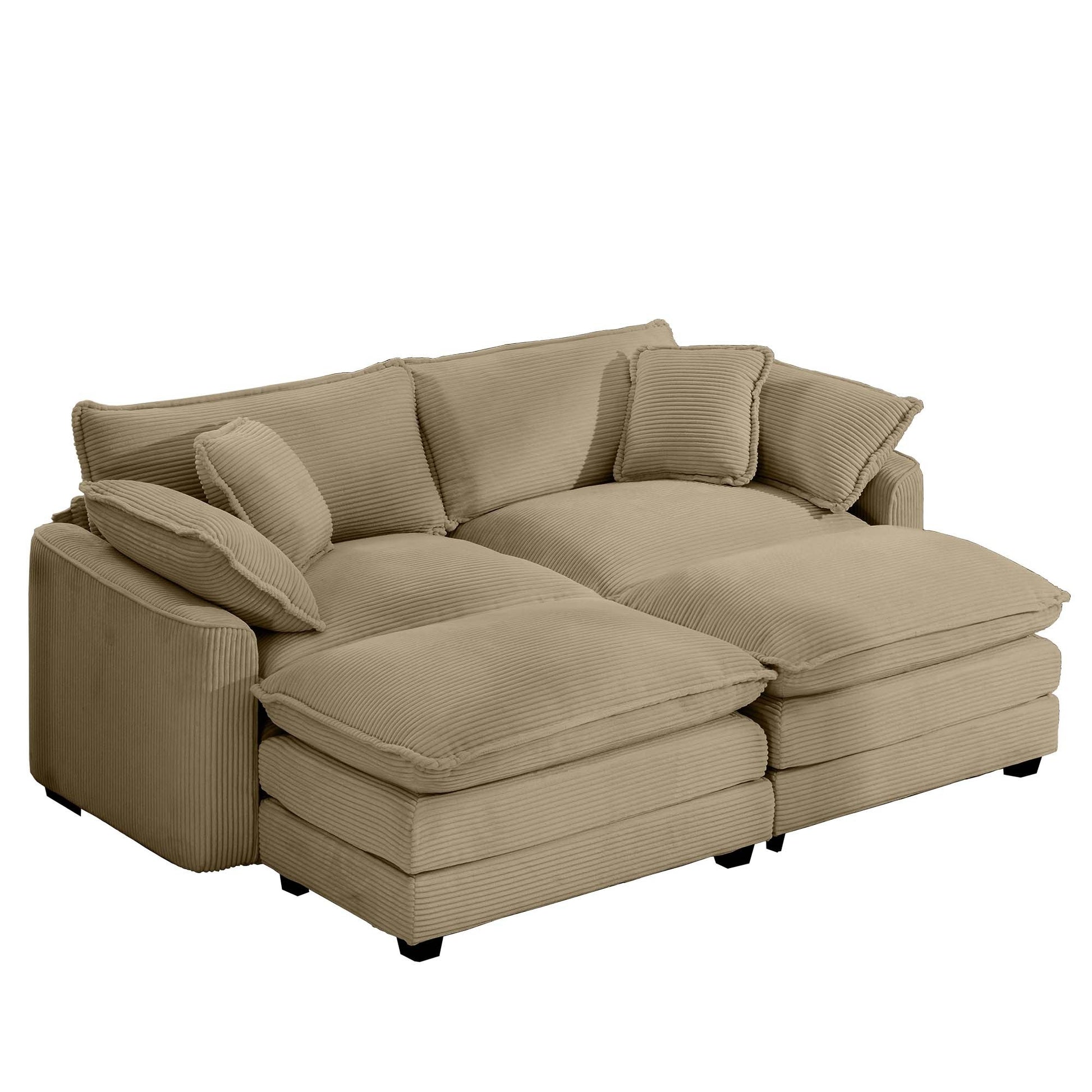 Corduroy Two Seater Sofa With 2 Footrest, 2 Seater Sofa With Ottoman For Small Living Spaces, Tan Corduroy Sofa Tan Corduroy 2 Seat