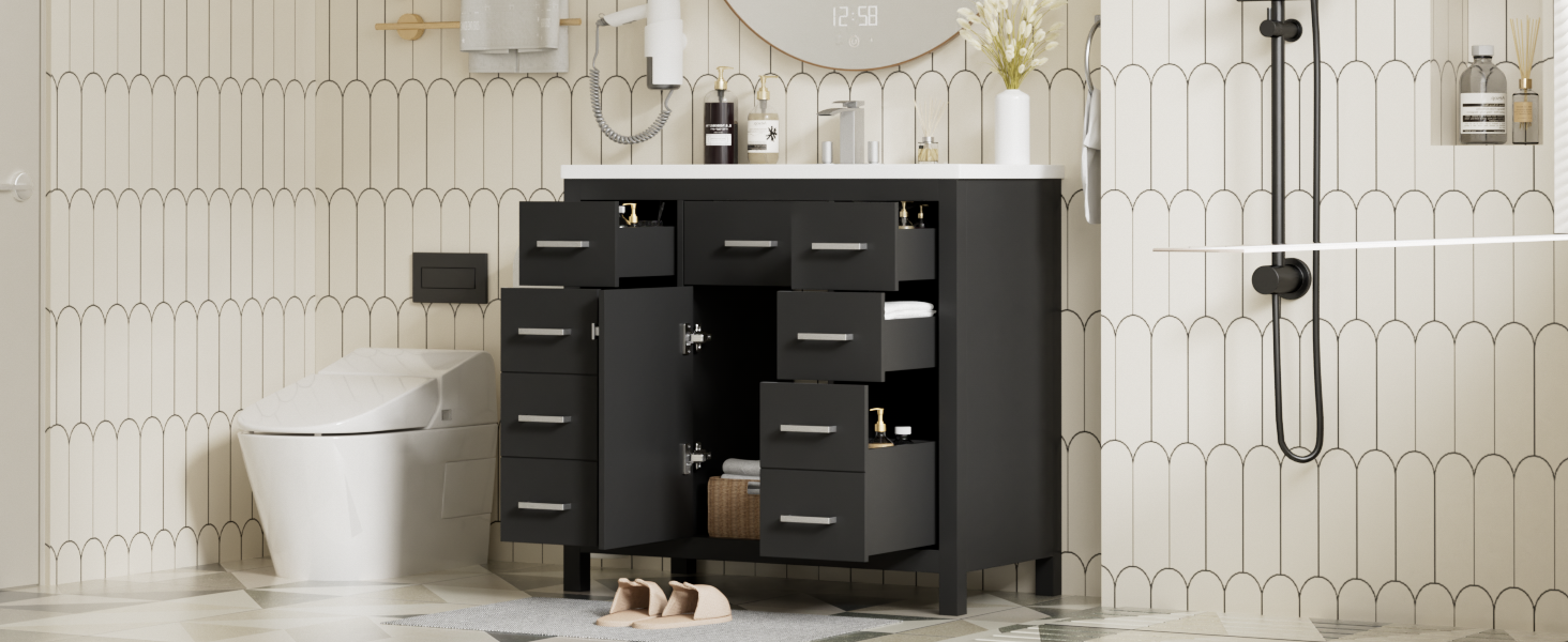 36 Inch Modern Bathroom Vanity Cabinet With Multifunctional Storage Space 5 Drawers And 1 Door Black Bathroom Solid Wood Mdf Resin