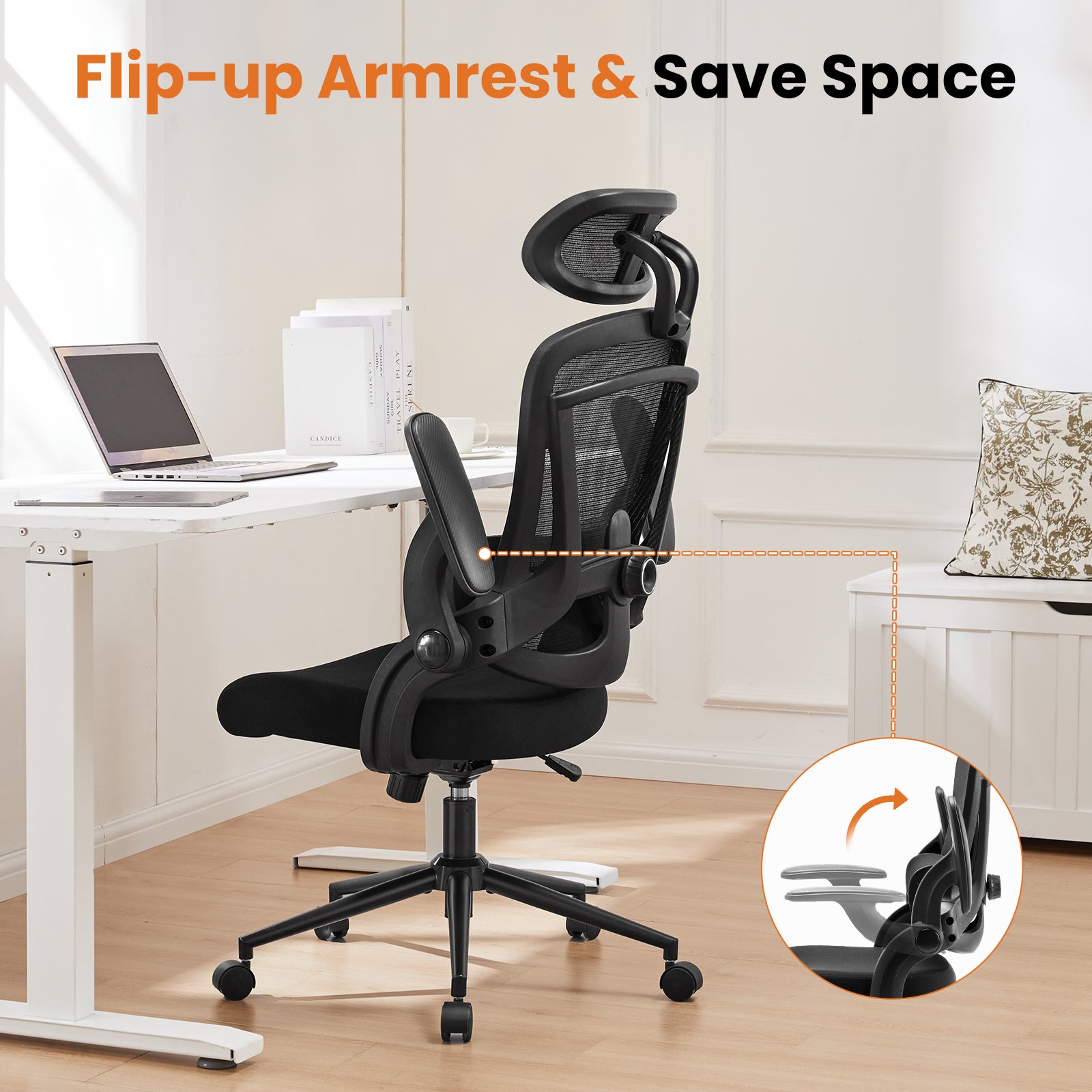 High Back Desk Chair With Adjustable Lumbar Support & Headrest,Comfortable Mesh Computer Chair With Soft Flip Up Arms, Adjustable Height And 120 Tilt,Black Black Abs Pc