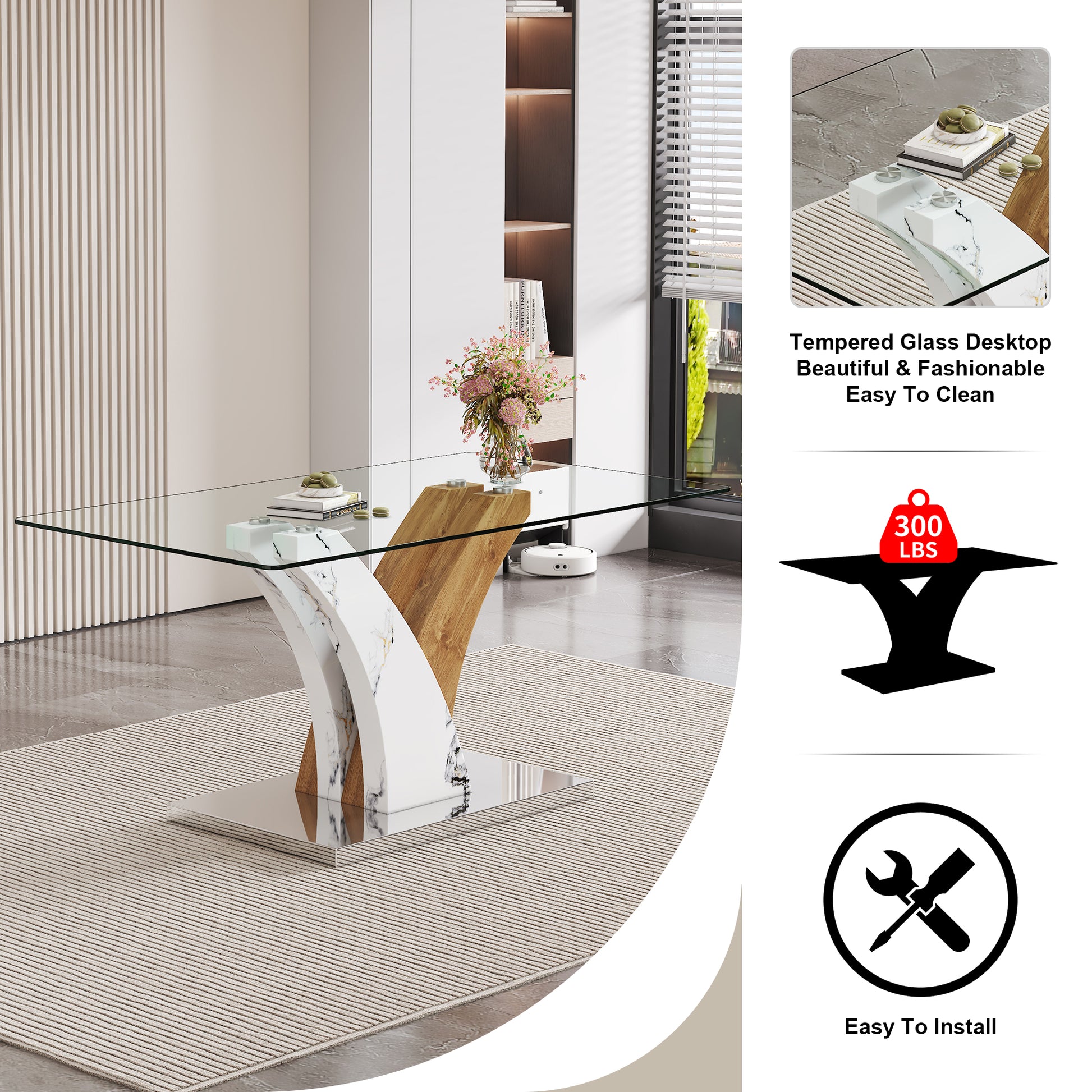 Table And Chair Set.Modern Dining Table, Tempered Glass Countertop With Artistic Mdf Legs.Paried With 4 Comfortable Chairs With Pu Seats And Metal Legs. Suitable For Various Decoration Styles. Black,Transparent Seats 4 Mdf Glass