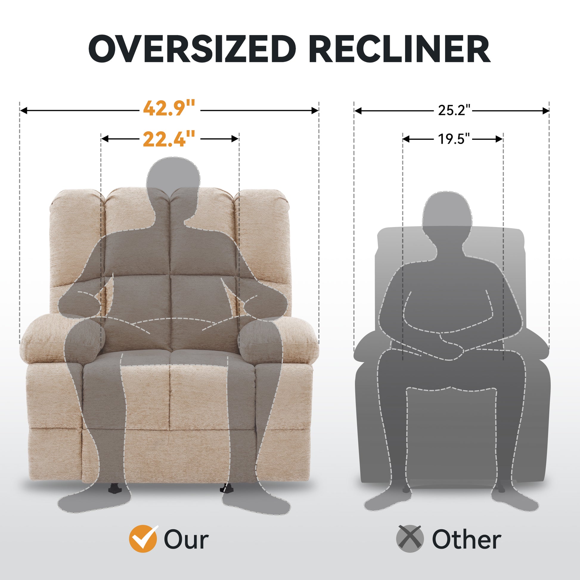 Oversize Rocker Recliner Chair For Adults, Extra Wide Rocking Recliner Chair Manual Recliner, Bid Man Recliners, Sandy Brown Wood Primary Living Space Heavy Duty Handle Acacia Light Khaki Beige