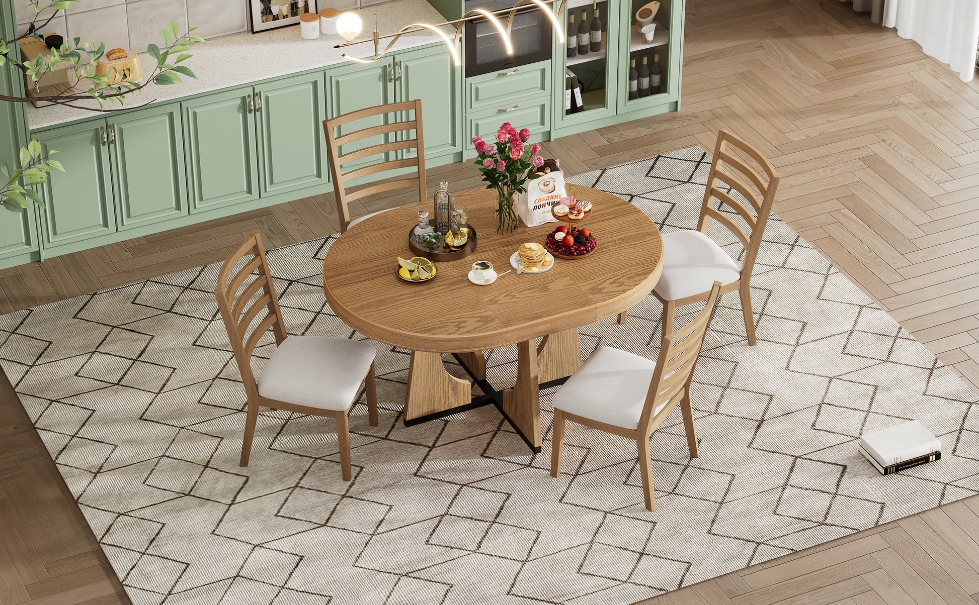 5 Piece Retro Rustic Functional Dining Set Unique Geometric Design, 1 Extendable Table With A 16 Inch Leaf And 4 Upholstered Chairs Ideal For Dining Room And Kitchen Natural Natural Solid Wood Mdf