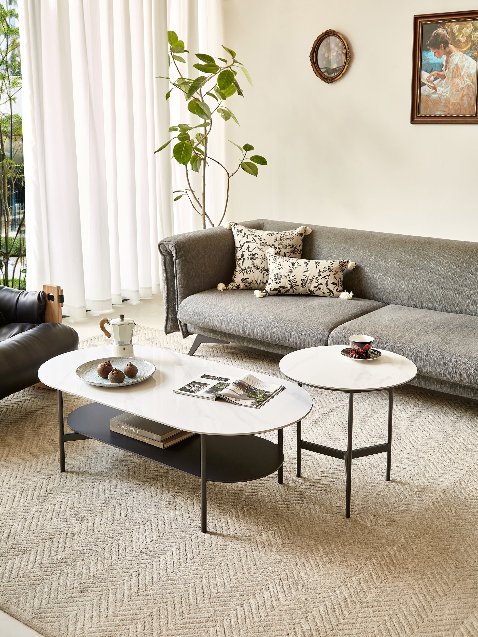 Coffee Table Ceramic Coffee Table, Mdf Painting Double Layer Coffee Table For Living Room, White Ceramic And Coffee Brown Bottom Shelf Black White Ceramic Mdf