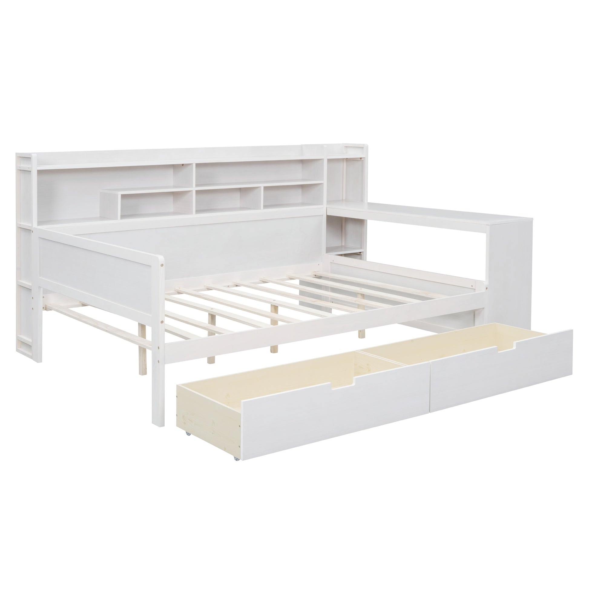Wooden Full Size Daybed With Storage Shelves, Multi Functional Bed With Two Storage Drawers And Study Desk, Antique White Old Sku: Hl000089Aak Full Antique White Wood