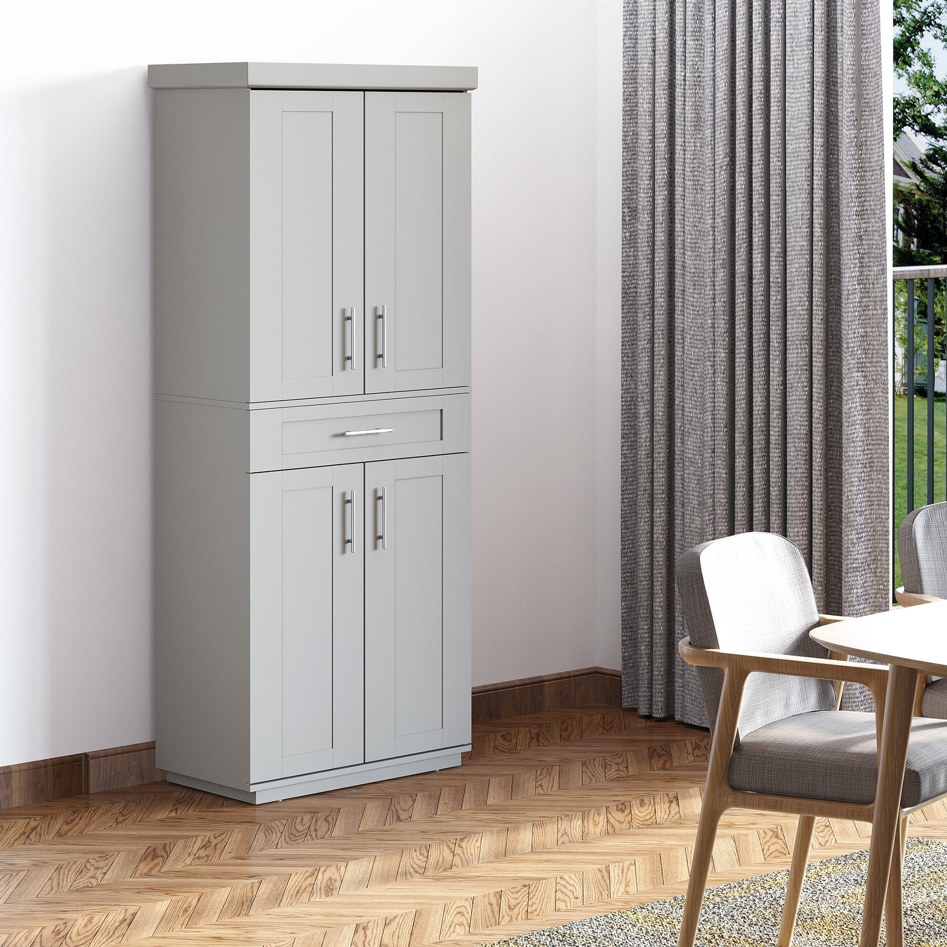 Homcom Modern Kitchen Pantry Freestanding Cabinet Cupboard With Doors And Drawer, Adjustable Shelving, Grey Grey Particle Board