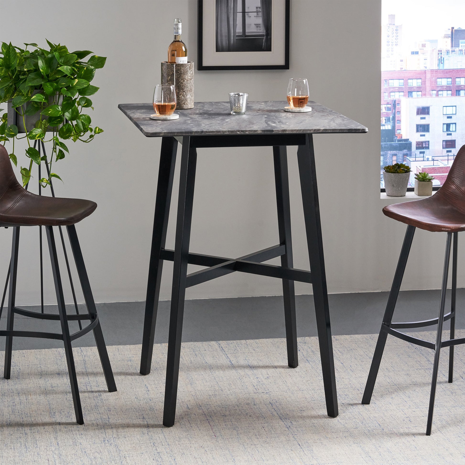 Modern Bar Height 42" Dining Table, Rubberwood Legs And Laminate Table Top, Paladina Marble Finish, Black Grey Black Rubberwood Square Mdf