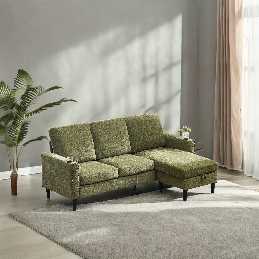 Modern Design Chenille 3 Seater L Shape Sectional Sofa With Storage Chaise For Apartment, Studio, Office,Living Room,L Shape Green Green Chenille Metal Primary Living Space Soft Modern Foam Foam