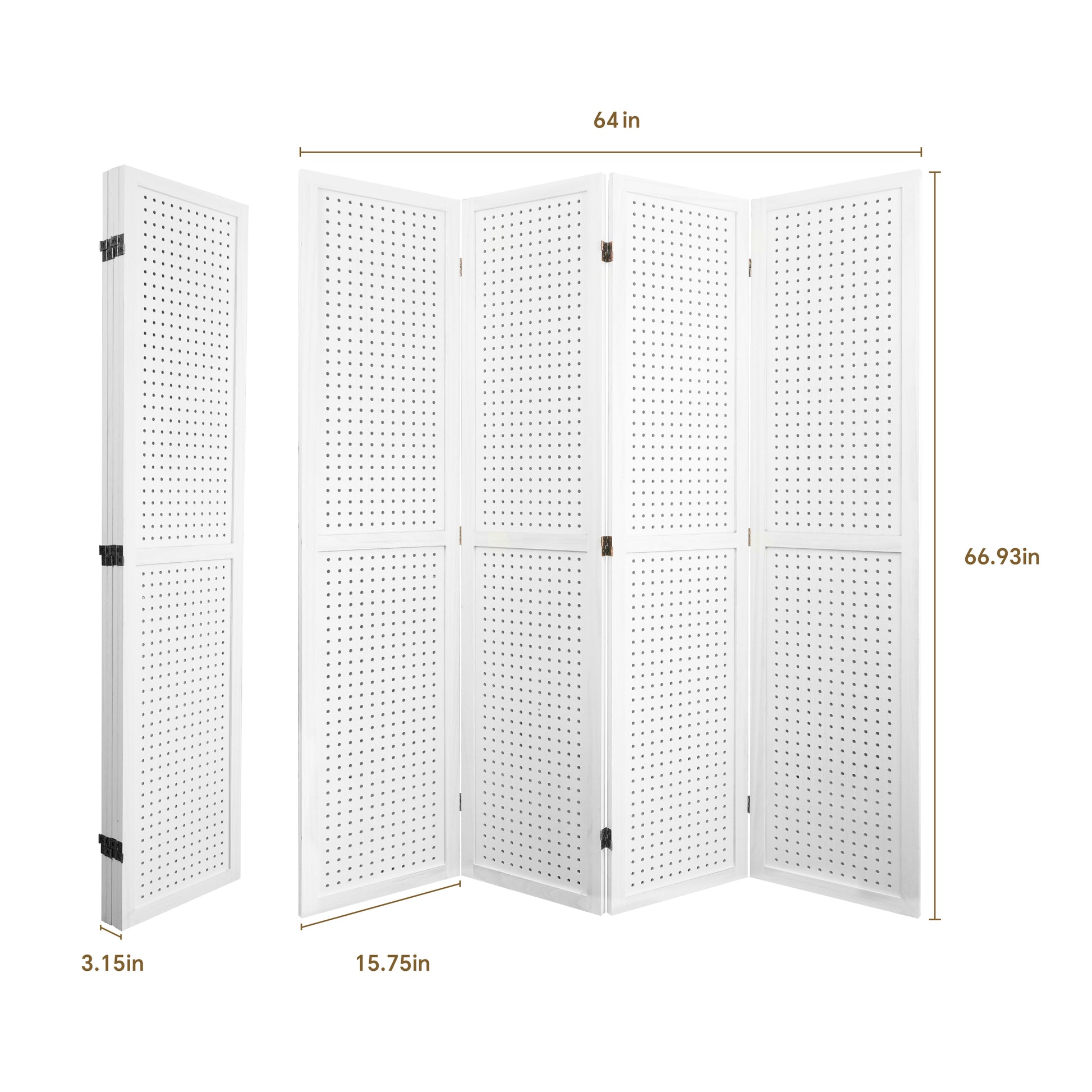 4 Panel Room Divider, 5.6Ft Pegboard Display Wooden Room Divider Folding Privacy Screen Room Divider Freestanding Peg Board Display For Trade Show Craft Show Home Wall Organizer, Elegant White White Modern Wood