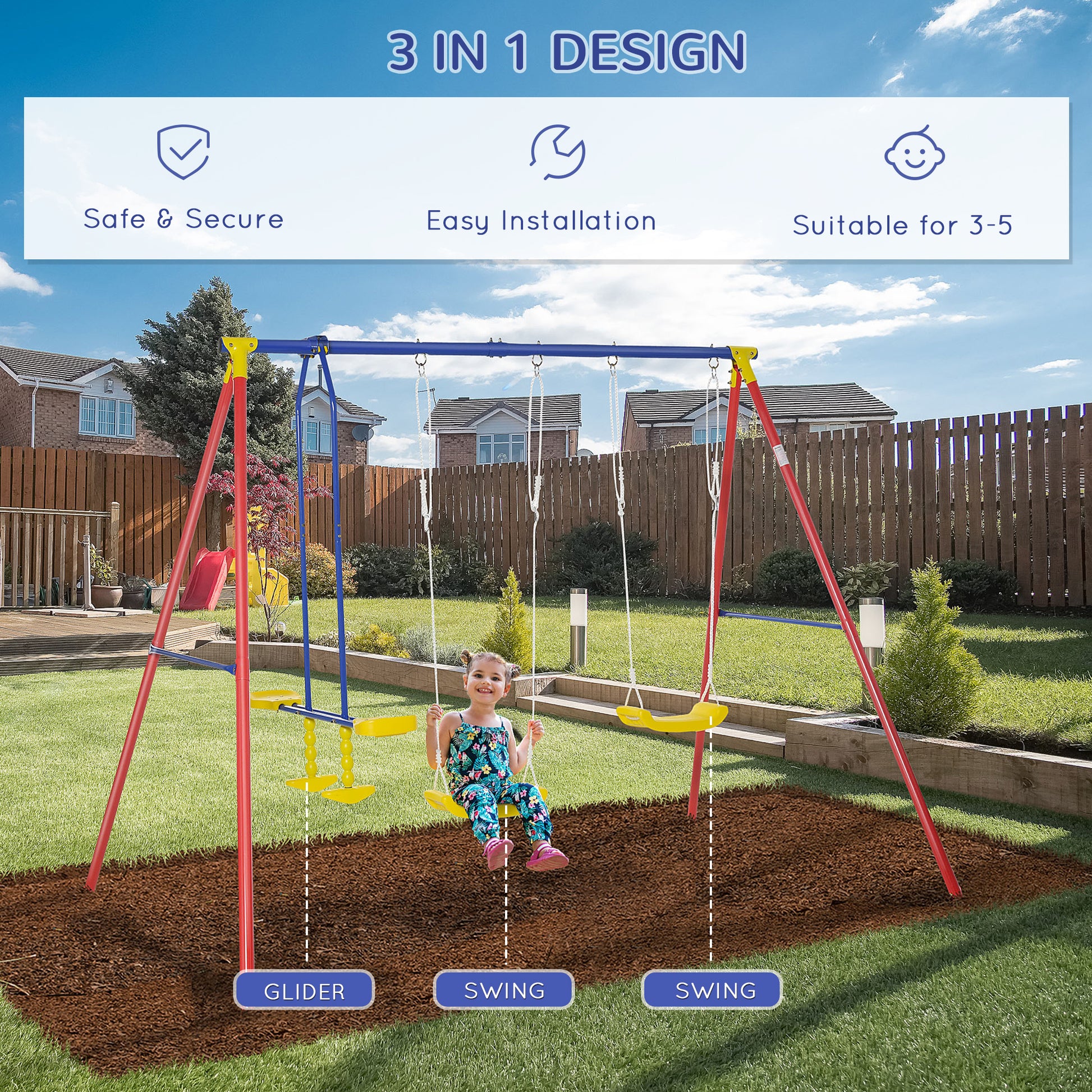 Outsunny Metal Swing Set With Glider, Two Swing Seats And Adjustable Height, Outdoor Heavy Duty A Frame Suitable For Playground, Backyard, Multi Color Multicolor Metal