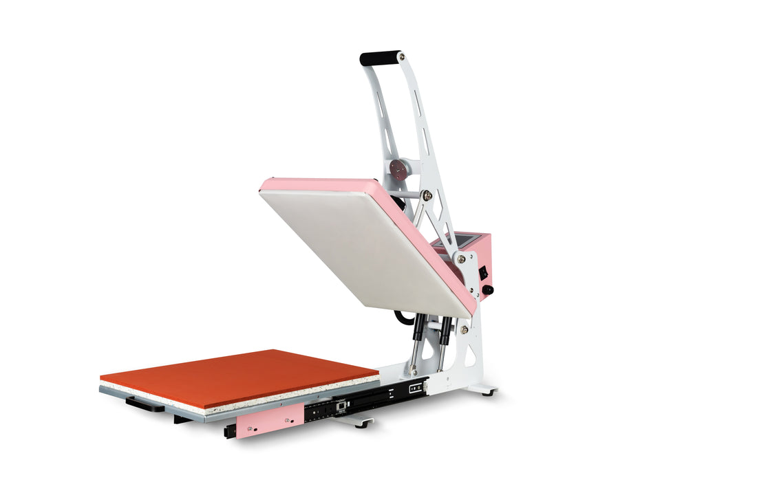 13X18 Semi Automatic Heat Press Machine With Auto Open And Slide Out Base Pink White Aluminium