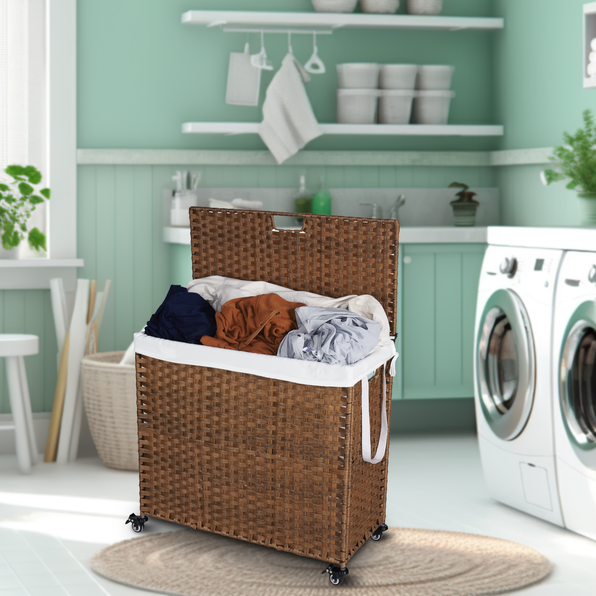 Laundry Hamper With Lid Pe Rattan Powder Coating Frame Clothes Hampers With 02 Removable Bags, Wheels, 160L, Brown Color Brown 1 Bathroom American Design,American Traditional Wicker