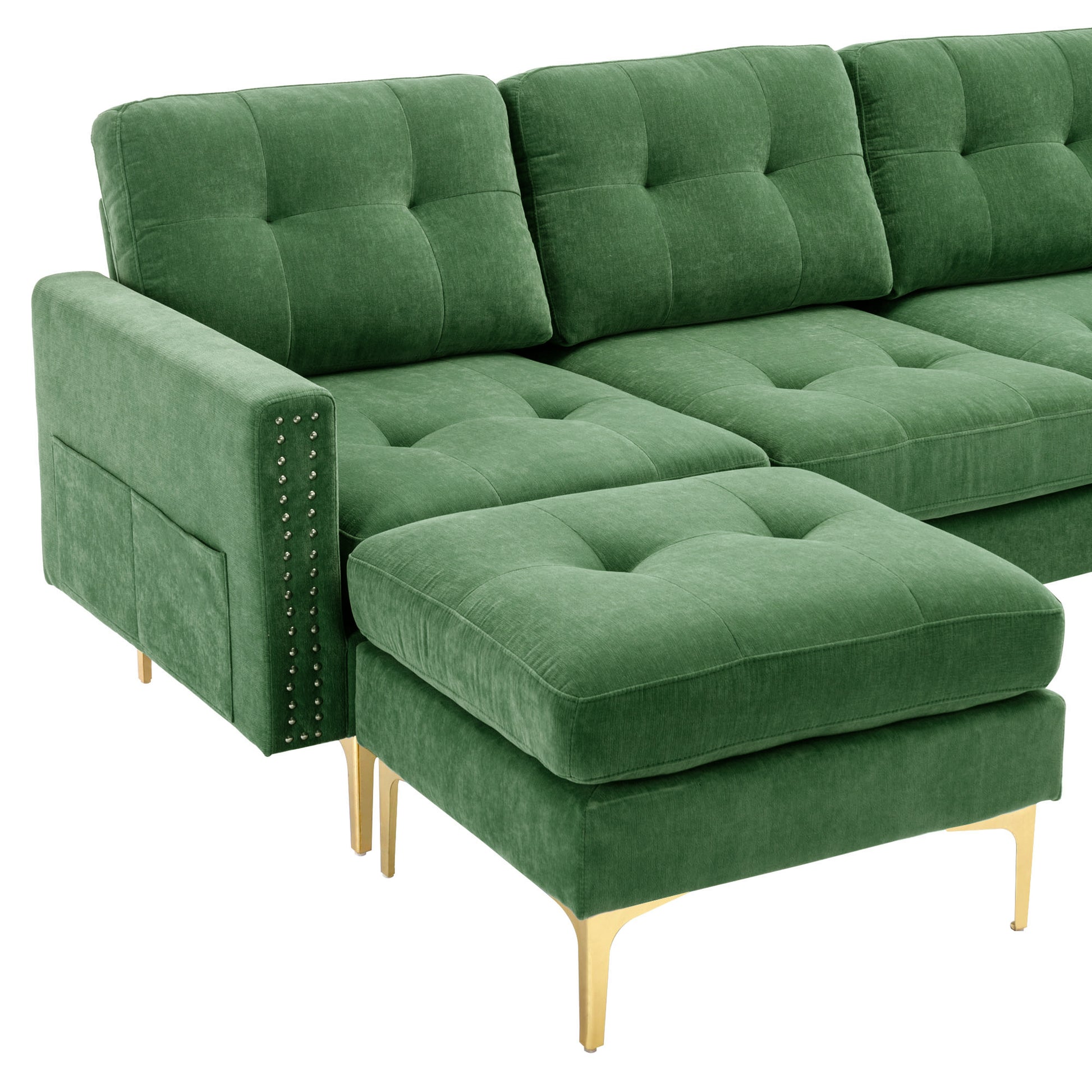 110" L Shape Convertible Sectional Sofa Couch With Movable Ottoman For Living Room, Apartment, Office, Green Green Foam Velvet 4 Seat