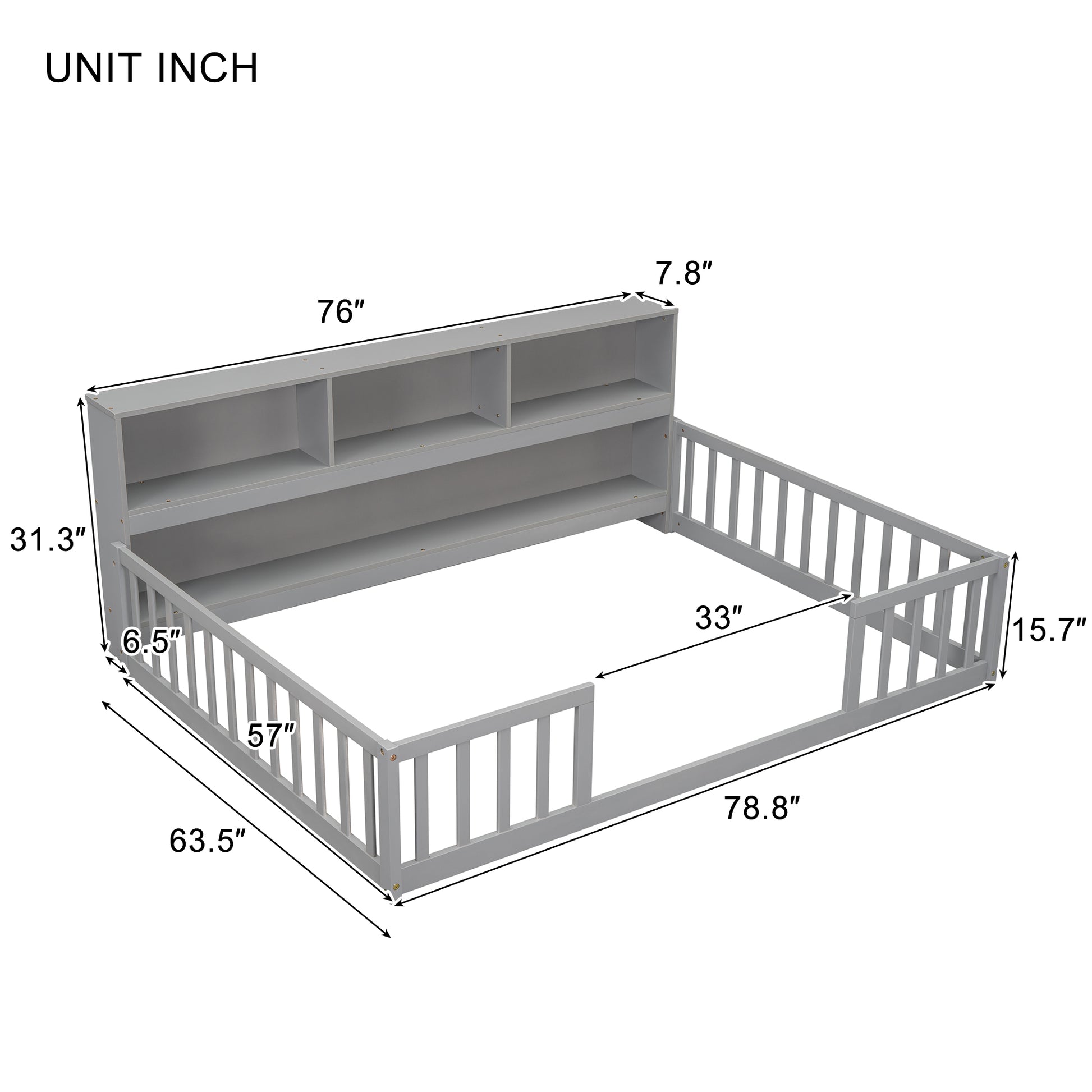 Full Floor Bed With Side Bookcase,Shelves,Guardrails,Grey Full Grey Bedroom American Design Pine