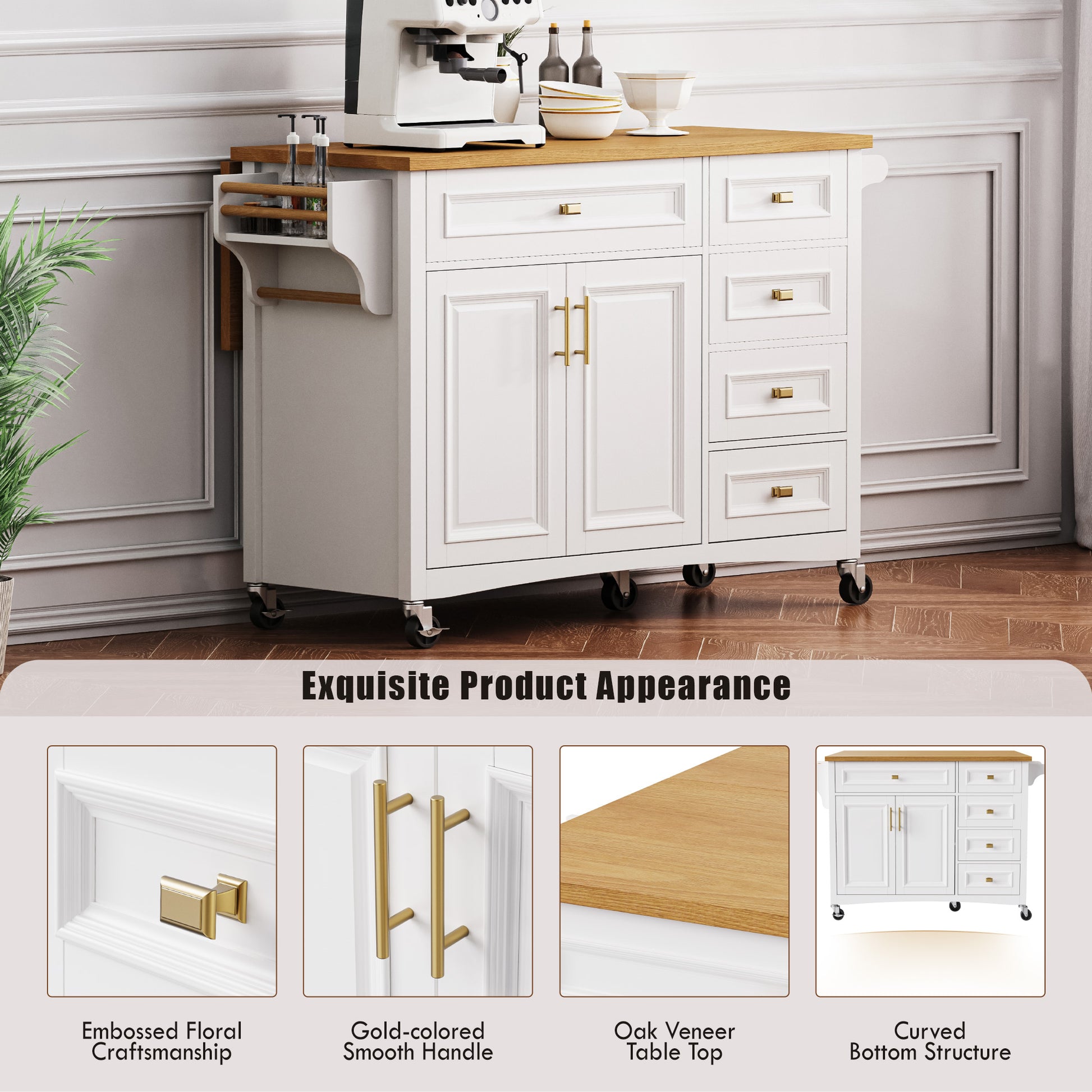 K&K 52'' Kitchen Island With Drop Leaf, Embossed Texture Kitchen Island On Wheels With Spice Rack, Towel Rack, 2 Doors And 5 Drawers, Kitchen Storage Cart With Adjustable Shelf For Kitchen, White