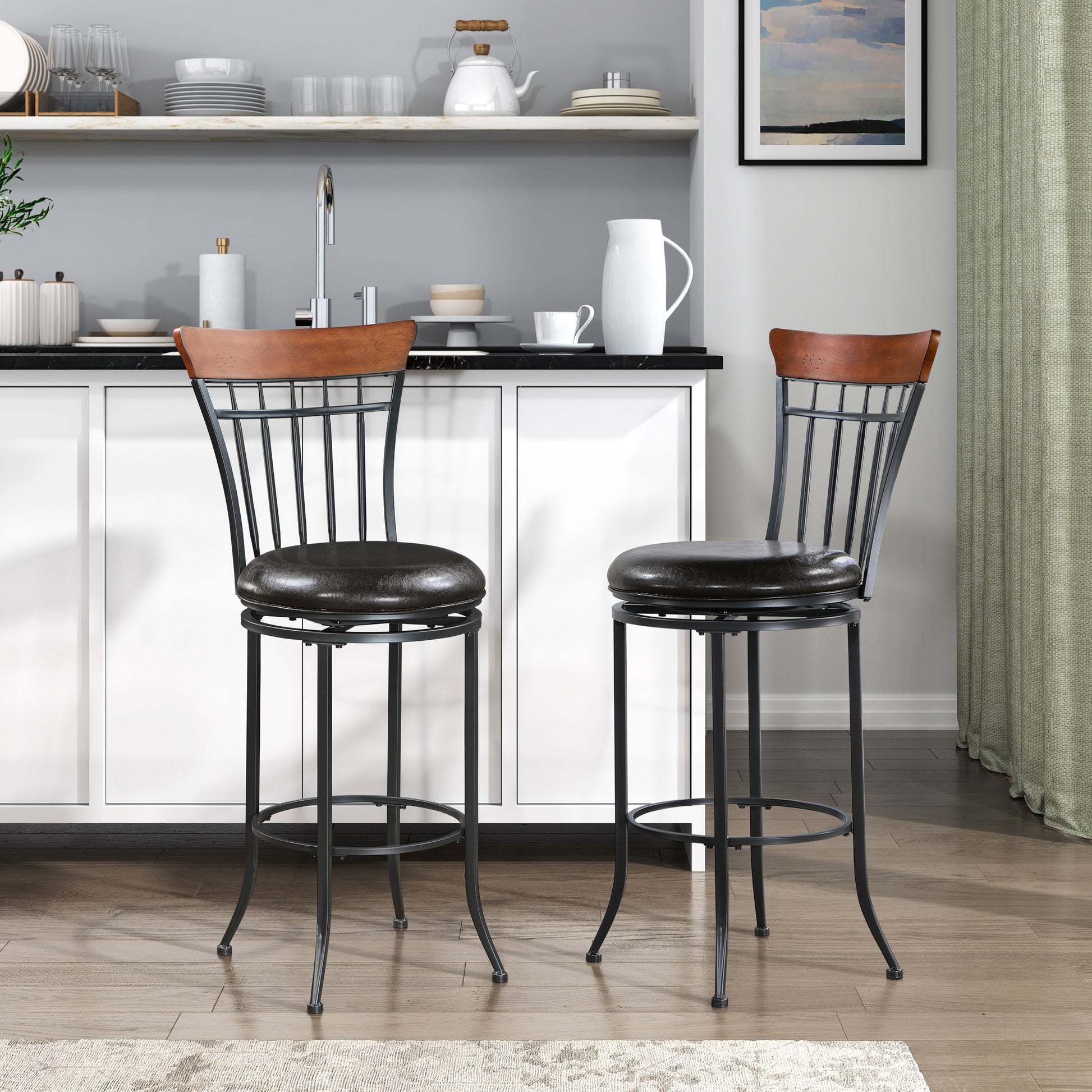 Swivel Pub Height Chair Black Metal Frame 1Pc Faux Leather Upholstery Seat Dining Furniture, Bar Chair Black Dining Room Metal