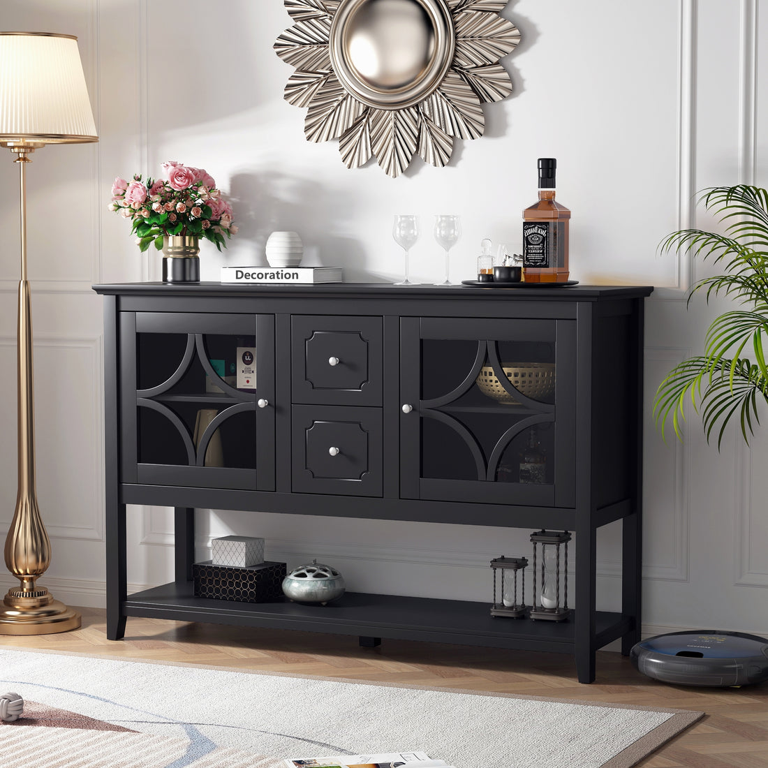 Sideboard Buffet Console Table, Media Cabinet With Adjustable Shelves, Black Black Primary Living Space Cabinets Included Mdf