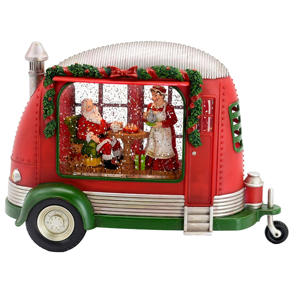 11.3X4.4X8"H Christmas Plastic Resin Camper With Mr & Mrs Santa Tea Time Led Water Spinning 2 Way Switch, 3*Aa Required Red Plastic