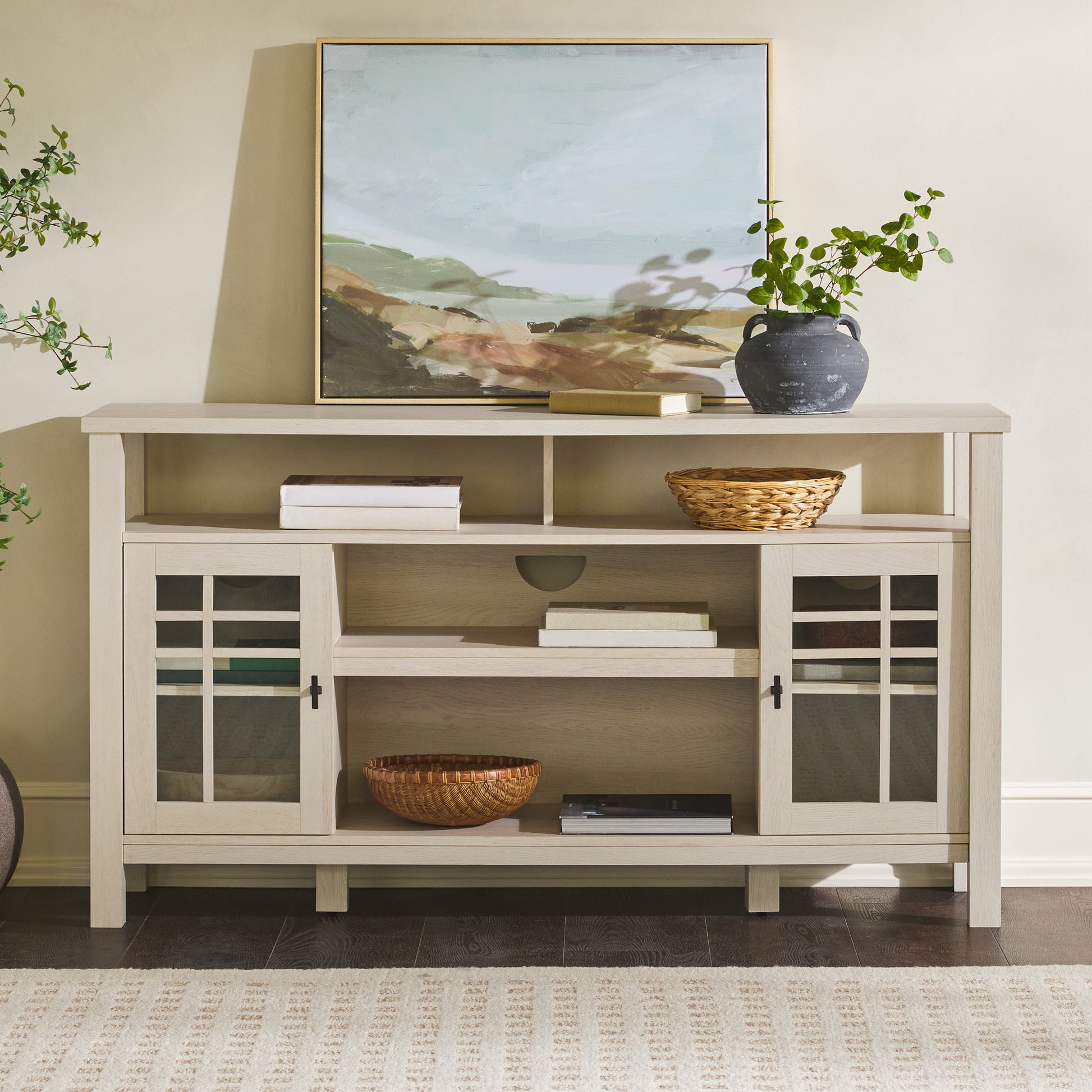 Transitional 58" 2 Door Sideboard With Windowpane Design, Ivory Oak Ivory Mdf Mdf