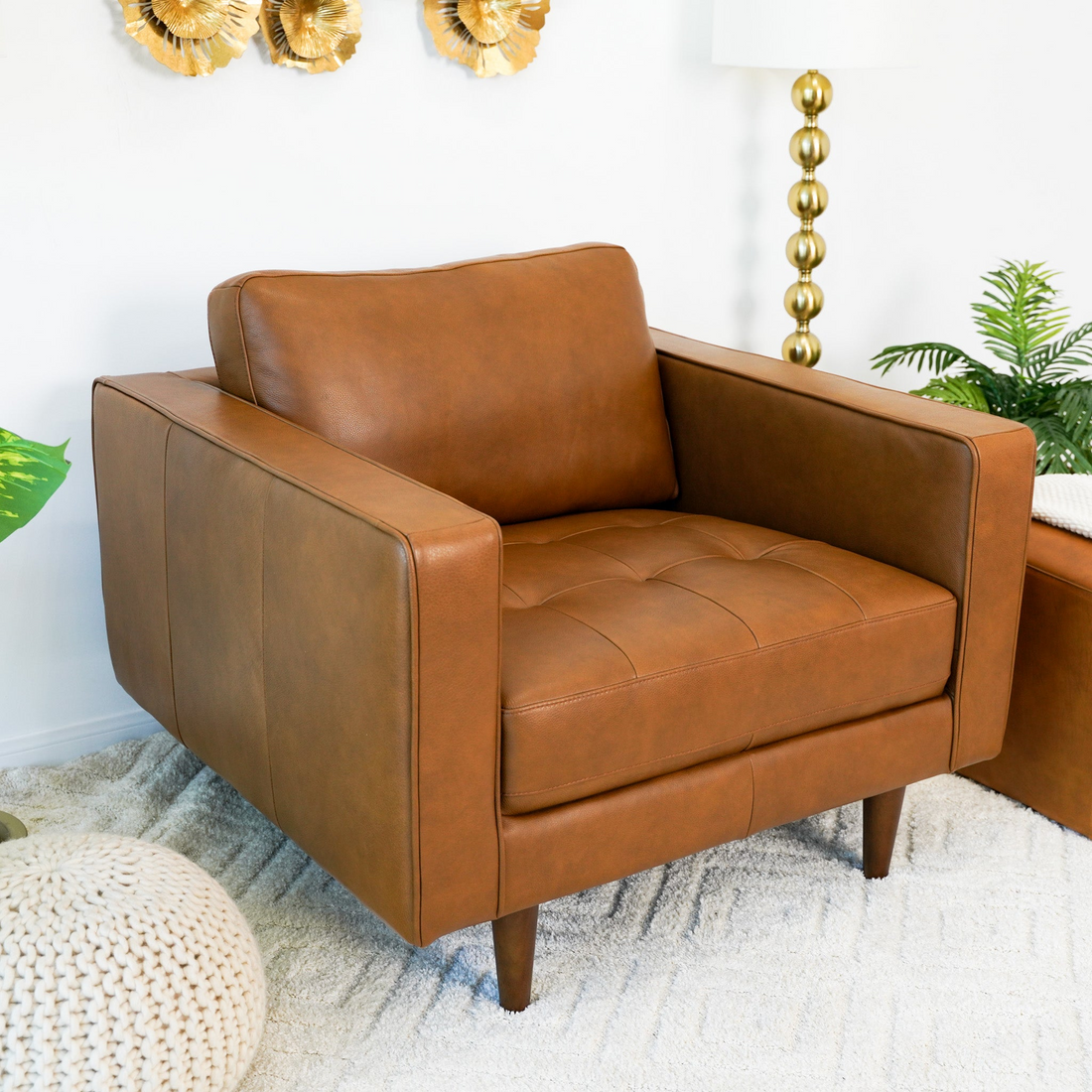 Catherine Leather Lounge Chair Tan Leather Brown,Tan Brown Genuine Leather Wood Walnut Foam Genuine Leather,Solid Wood