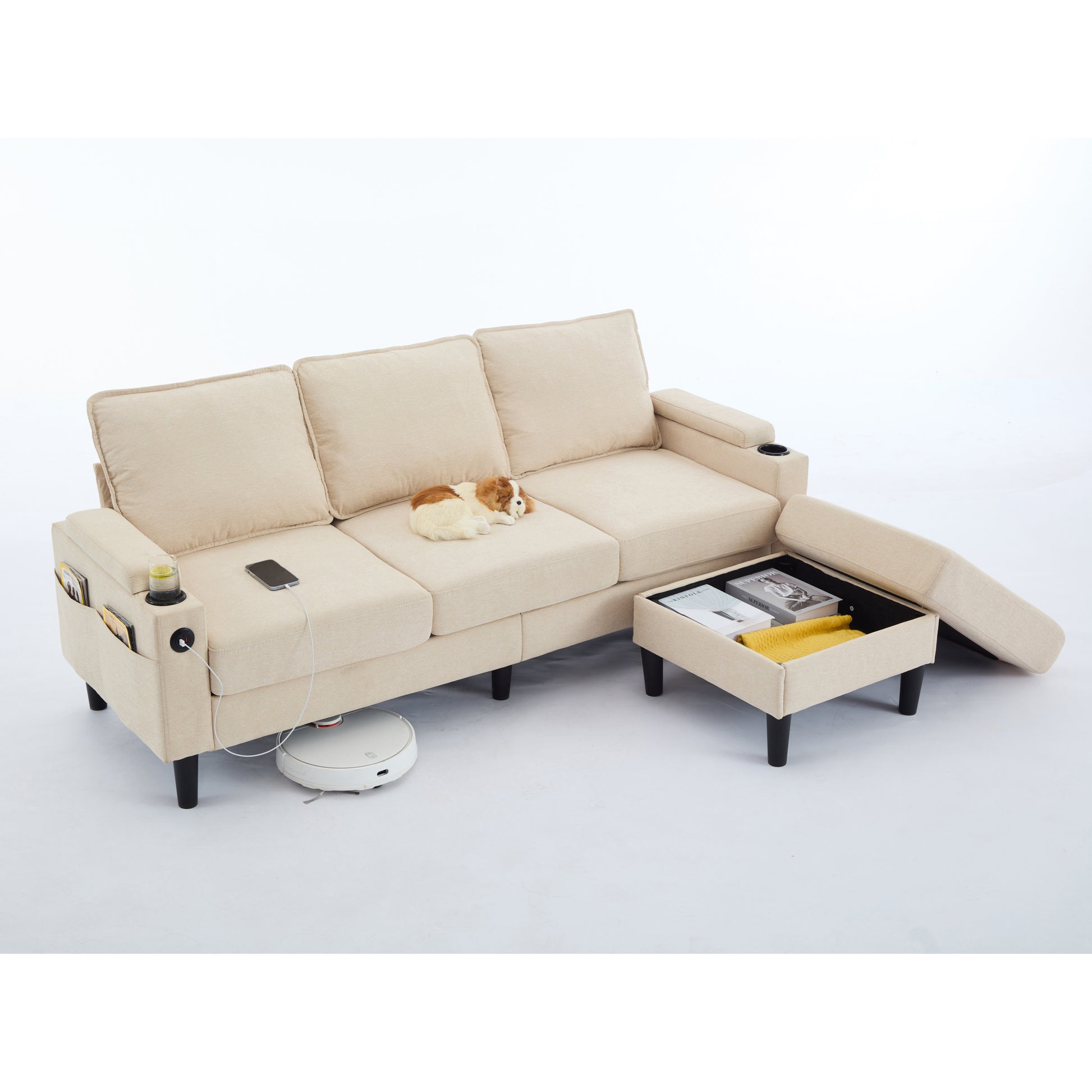 Beige Color Knock Down 3 Seat Combo Sofa With Storage Ottoman For Living Room Apartment Bedroom And Compact Room, Upholstered Sectional Couch, L Shaped Bench With A Footrest, A Individual Sto White Wood Primary Living Space Heavy Duty Pine 3 Seat Beige