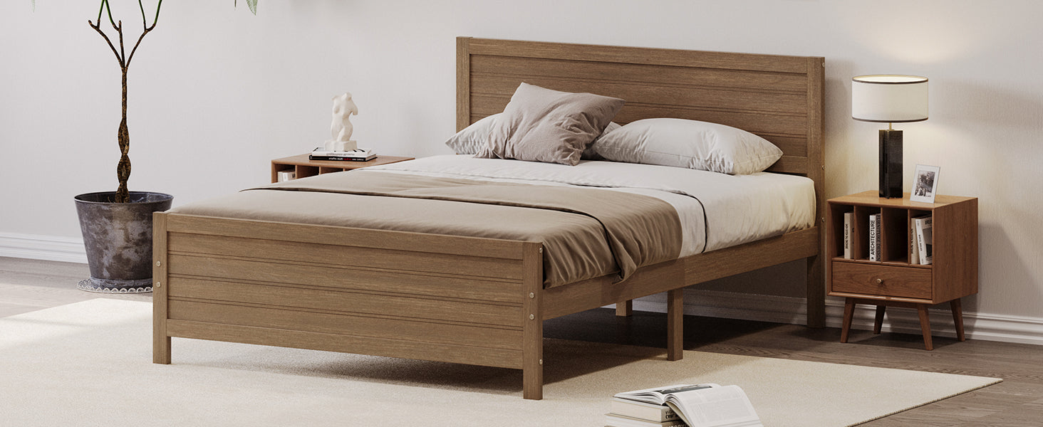 Wood Platform Bed Frame With Headboard, Mattress Foundation With Wood Slat Support, No Box Spring Needed, King Size, Walnut Box Spring Not Required King Walnut Wood Solid Wood Mdf