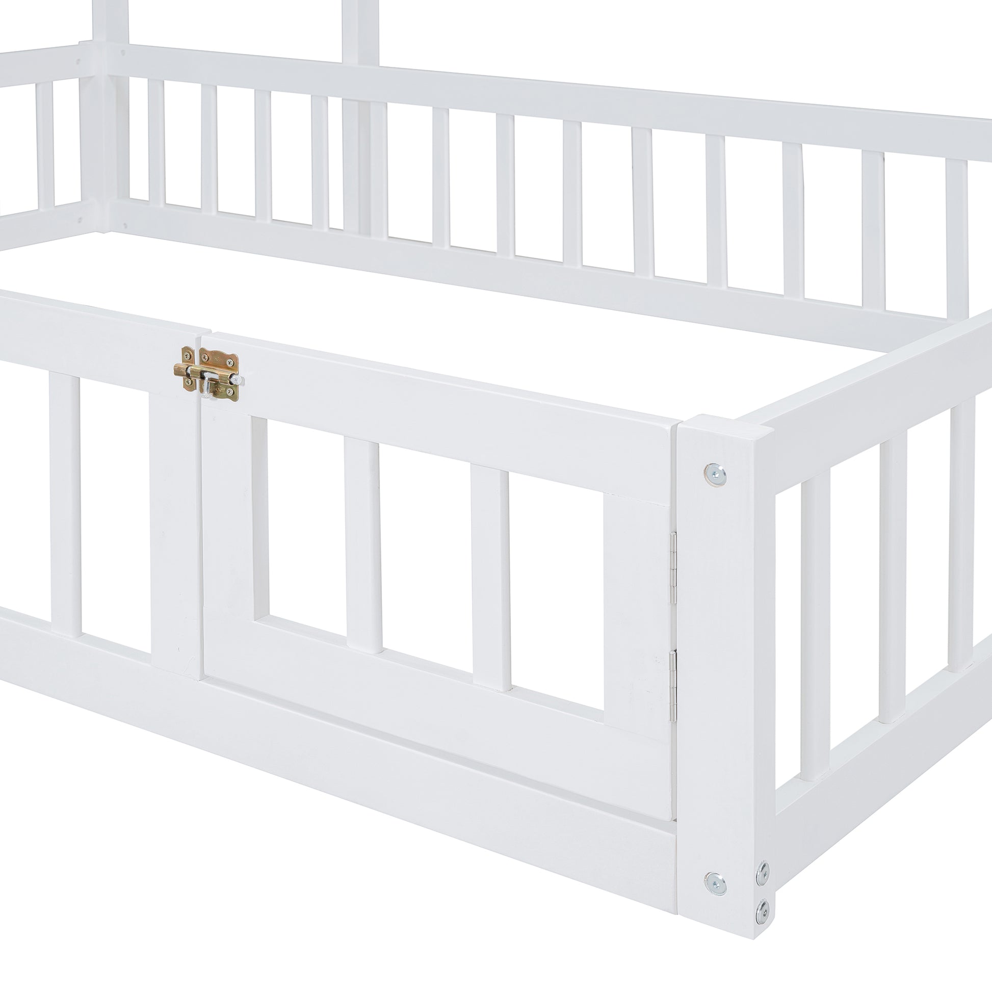 Wooden Floor Bed With Fence Railings And Detachable House Shape Headboard, Full Size Bed With Kids Dress Up Rack, Kids Montessori Style Playhouse Frame For Girls Boys, White Full White Wood