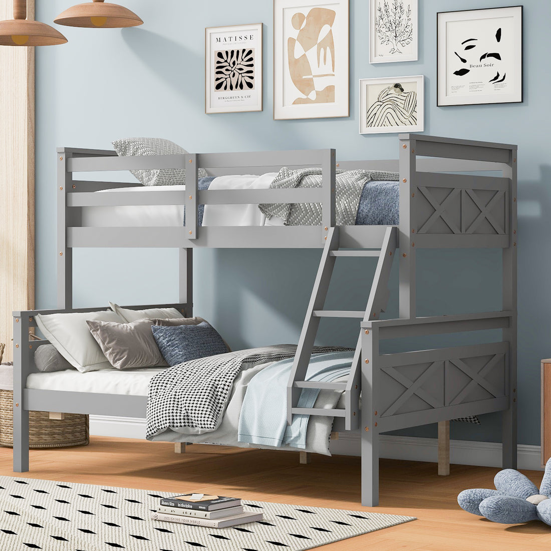 Twin Over Full Bunk Bed With Ladder, Safety Guardrail, Perfect For Bedroom, Gray Box Spring Not Required Twin Gray Wood Bedroom Bunk Pine