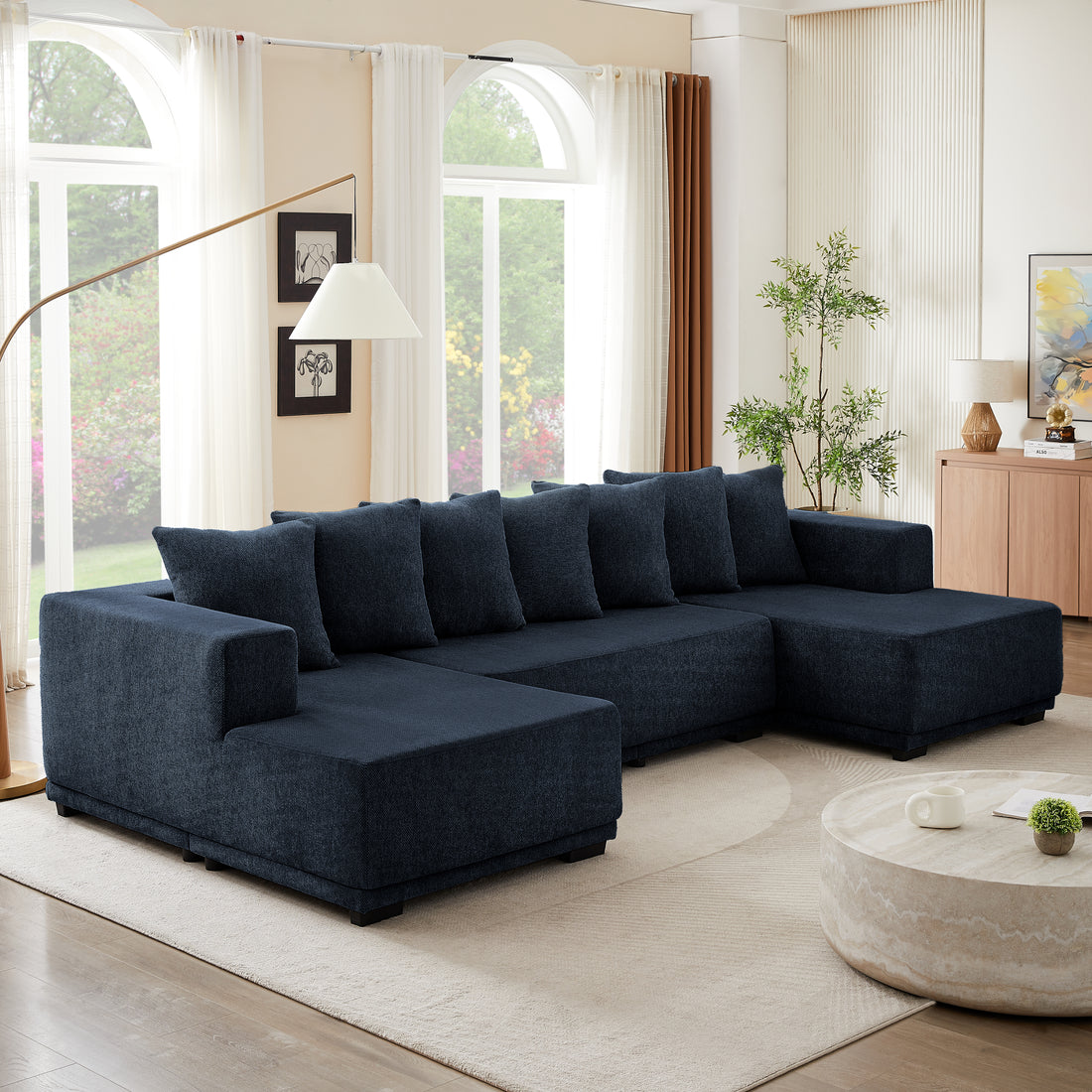 Chenille U Shaped Sectional Sofa Set,Minimalist Style Modular Sectional Sofa, Luxury Chenille Fabric Cloud Couch For Living Room Blue Chenille 6 Seat