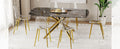 Table And Chair Set.Modern Luxurious Black Marble Patterned Tempered Glass Dining Table Set With 6 Transparent Pp Chairs.Multiple Transparent High Quality Pp Dining Chairs With Golden Legs. Gold