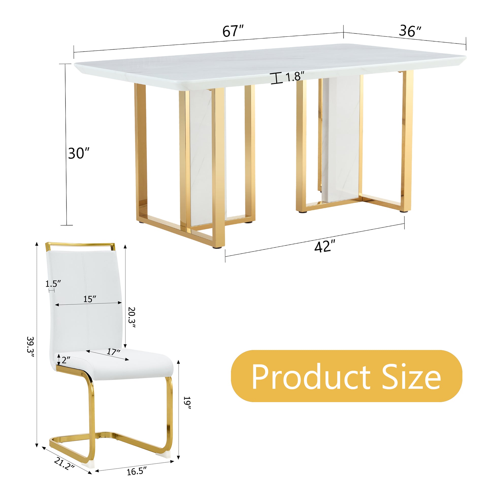 Table And Chair Set.67"X36" White Marble Pattern Mdf Dining Table Set With 6 White Pu Chairs.Mdf Sticker,White Marble Pattern Sticker,Gold C Tube Chair Legs,Suitable For Kitchen,Dining Room,Etc.