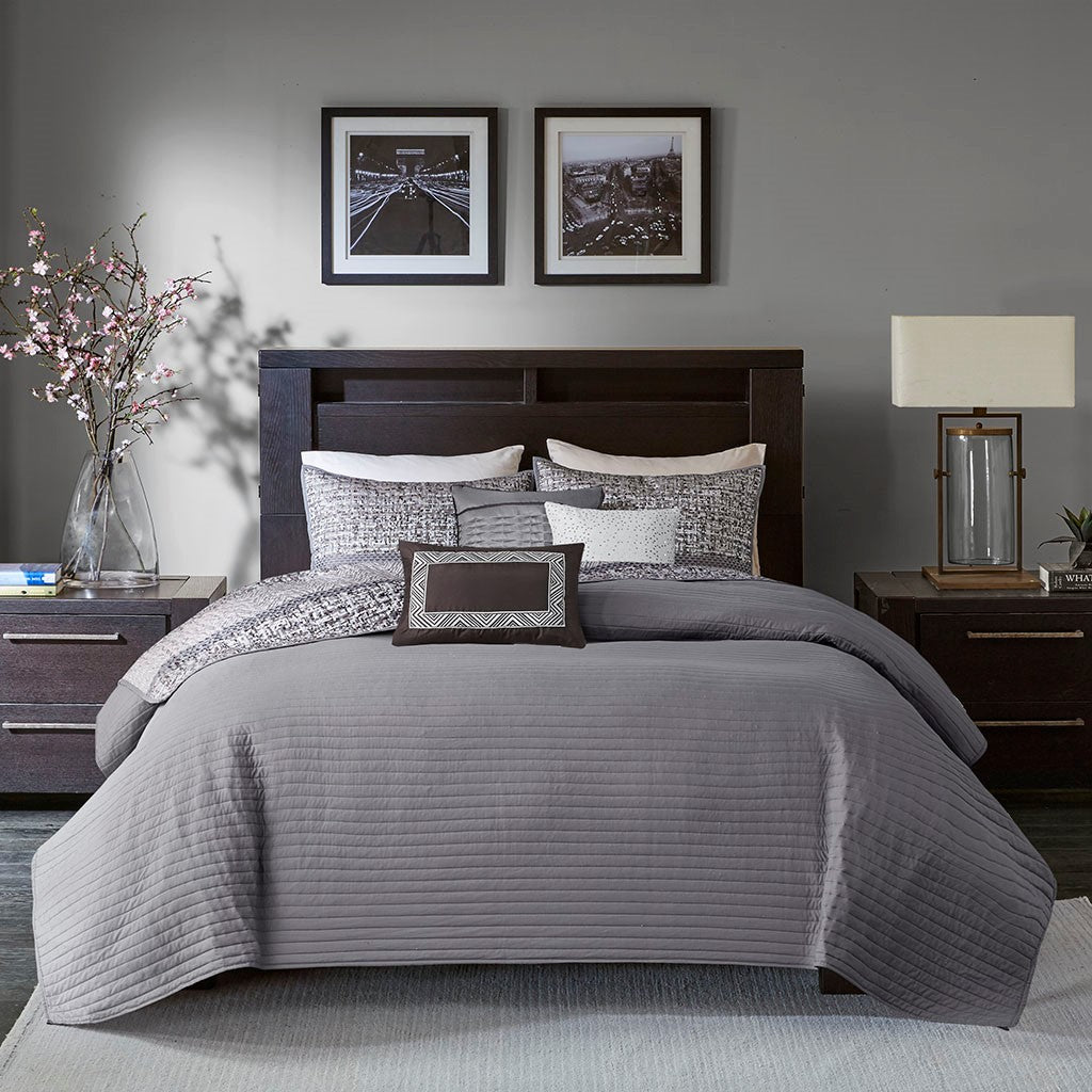 6 Piece Reversible Jacquard Quilt Set With Throw Pillows Grey Taupe Full Queen Grey Taupe Cotton