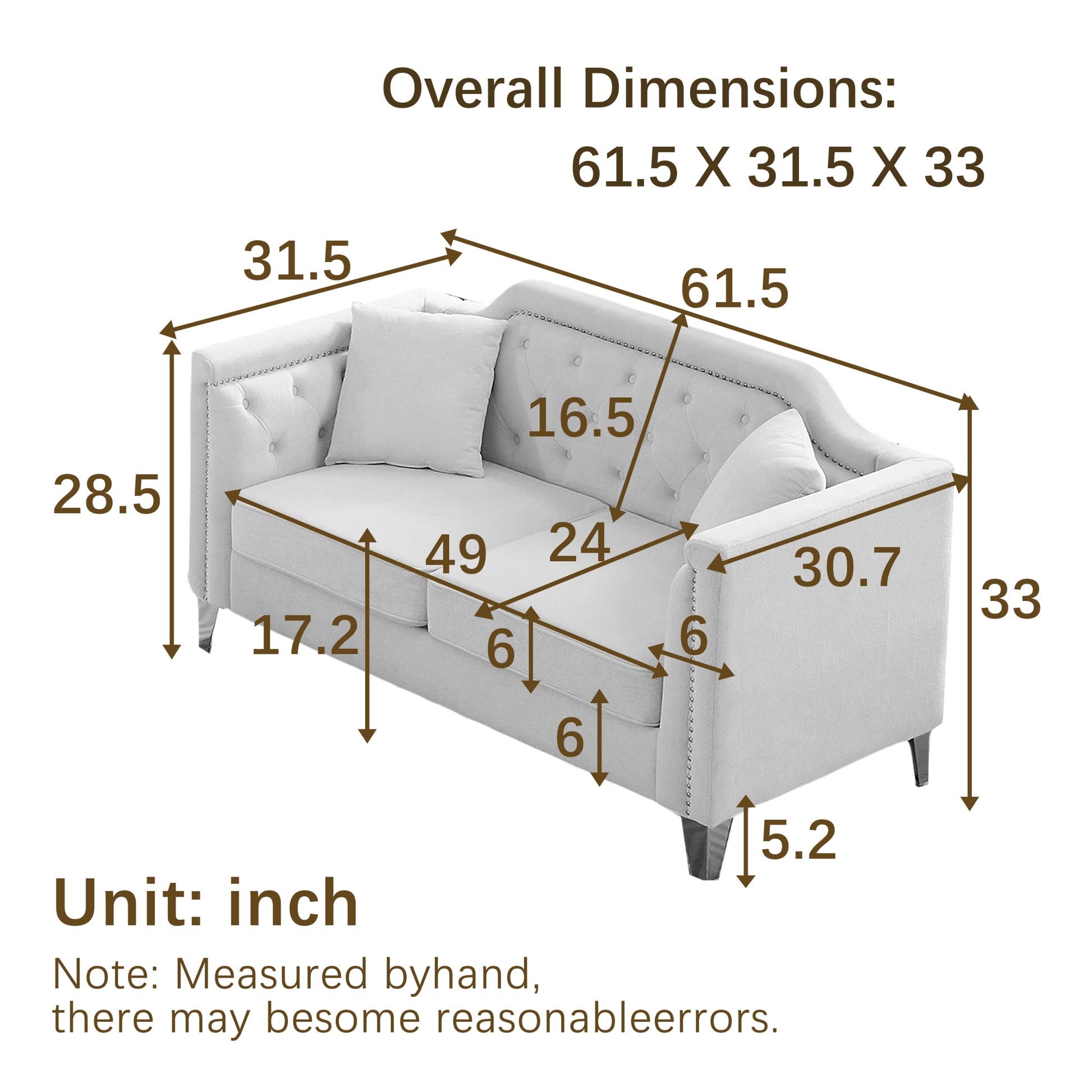 Fx 61.5"Mid Century Design Modern Sofa,Chenille Pull Buckle Design Sofa For Living Room,Buttons Tufted With Copper Nail Decoration Armrest, With 2 Pillows,Modern Couch Upholstered Button And Metal Leg Black Chenille Wood Pine Foam Fabric 2 Seat