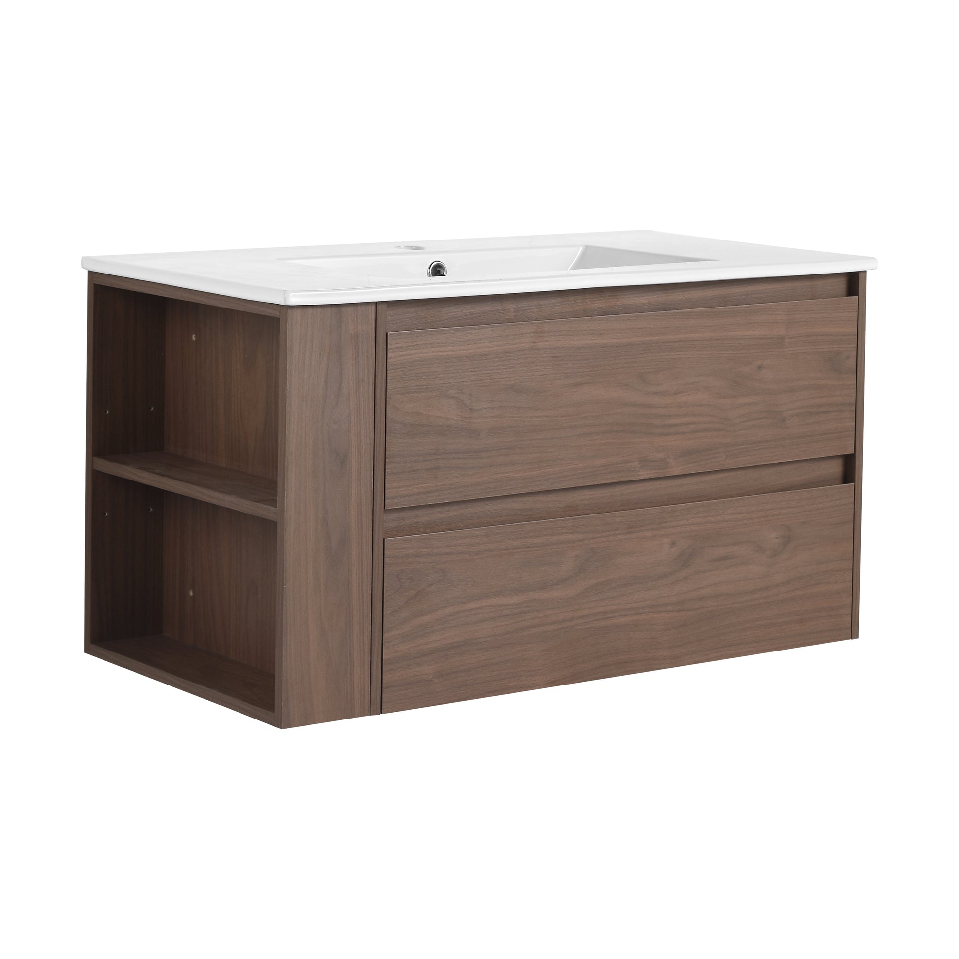 36" Wall Mounting Bathroom Vanity With Ceramic Sink, Soft Close Drawer 2 Brown Oak 1 Bathroom Wall Mounted Modern Plywood