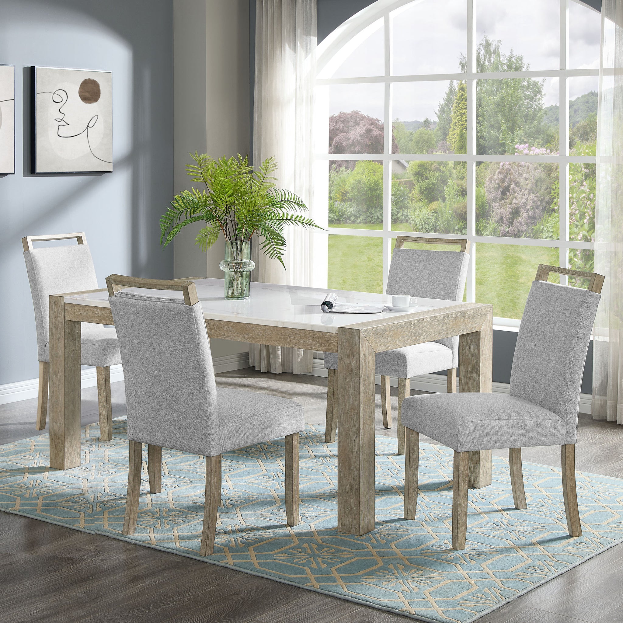 5Pc Dining Set Contemporary Style White Genuine Marble Stone Rectangular Table Full Back Upholstered Chairs Beige Gray Dining Room Wooden Furniture Wood Wood Gray Seats 4 Wood Dining Room Fixed Table Contemporary,Modern,Transitional Rectangular Trestle