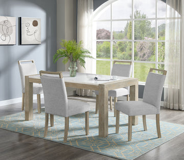 5Pc Dining Set Contemporary Style White Genuine Marble Stone Rectangular Table Full Back Upholstered Chairs Beige Gray Dining Room Wooden Furniture Wood Wood Gray Seats 4 Wood Dining Room Fixed Table Contemporary,Modern,Transitional Rectangular Trestle