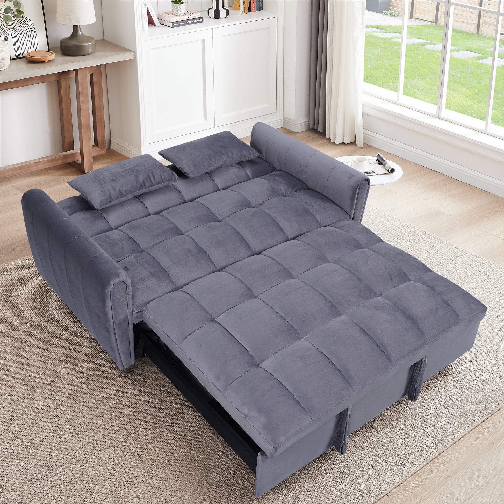 64.9 "3 In 1 Foldable Large Size Sofa Bed, Modern Velvet Double Sofa, Sofa Bed With Adjustable Back, Storage Bag And Pillow, Suitable For Living Room, Bedroom Dark Grey Light Brown Wood Primary