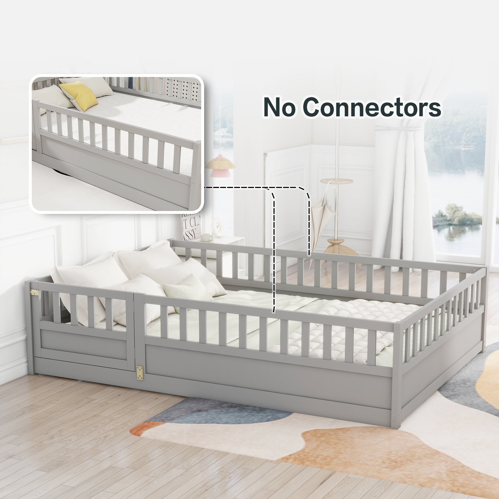 Full Size Floor Bed, Integral Construction With Super High Security Barrier, Door, Children'S Floor Bed Frame, Montessori Wooden Children'S Floor Bed, Support Slat Grey Box Spring Required Full Grey