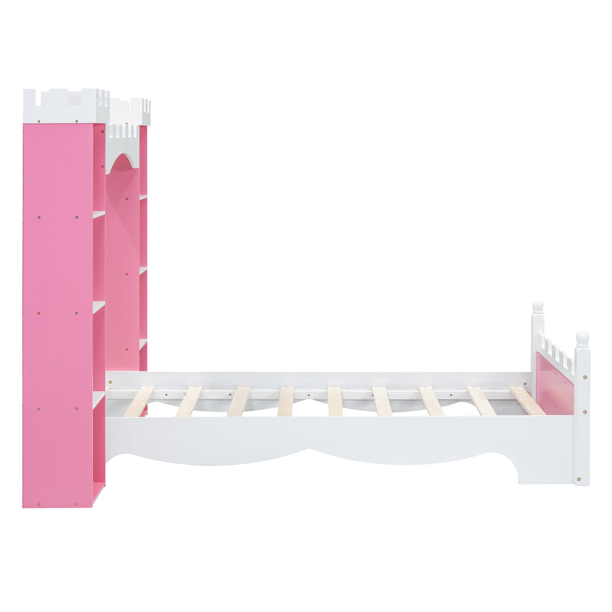 Castle Shaped Wooden Bed With Storage Shelf, Dreamy Twin Size Platform Bed For Kids Bedroom, Pink White Expected Arrival Time:8.14 Twin Pink White Wood