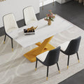 Table And Chair Set.The Table Is Equipped With A Marble Patterned Mdf Tabletop And Gold Table Legs.Paired With 4 White And Dark Gray Spliced Dining Chairs With Pu Cushions And Black Metal Legs. Dark