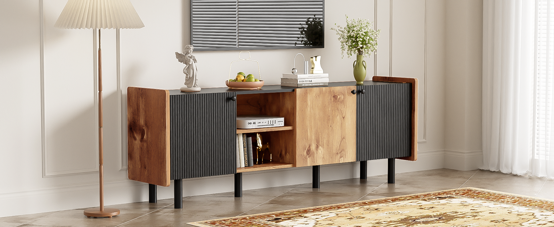 Mid Century Tv Stand With 3 Cabinets, Media Console Table For Tvs Up To 70'', Entertainment Center With Storage For Living Room, Bedroom, Home Theatre Black Brown Primary Living Space 60 69 Inches