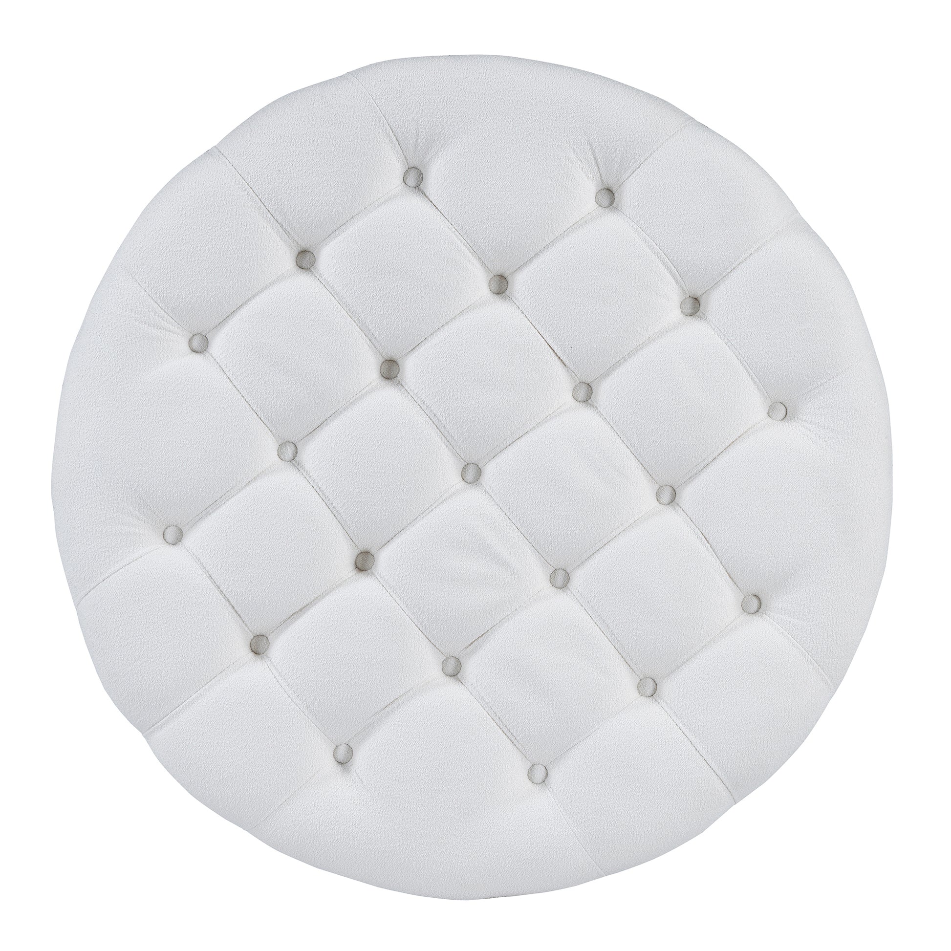 Modern Large Round Ottoman Coffee Table 2 Tier Oversized Button Tufted Ottoman With Wood Shelf Storage Upholstered Coffee Table For Living Room Footrest Ottoman With Wheel, Waterproof Linen Ivory White Rubber Wood