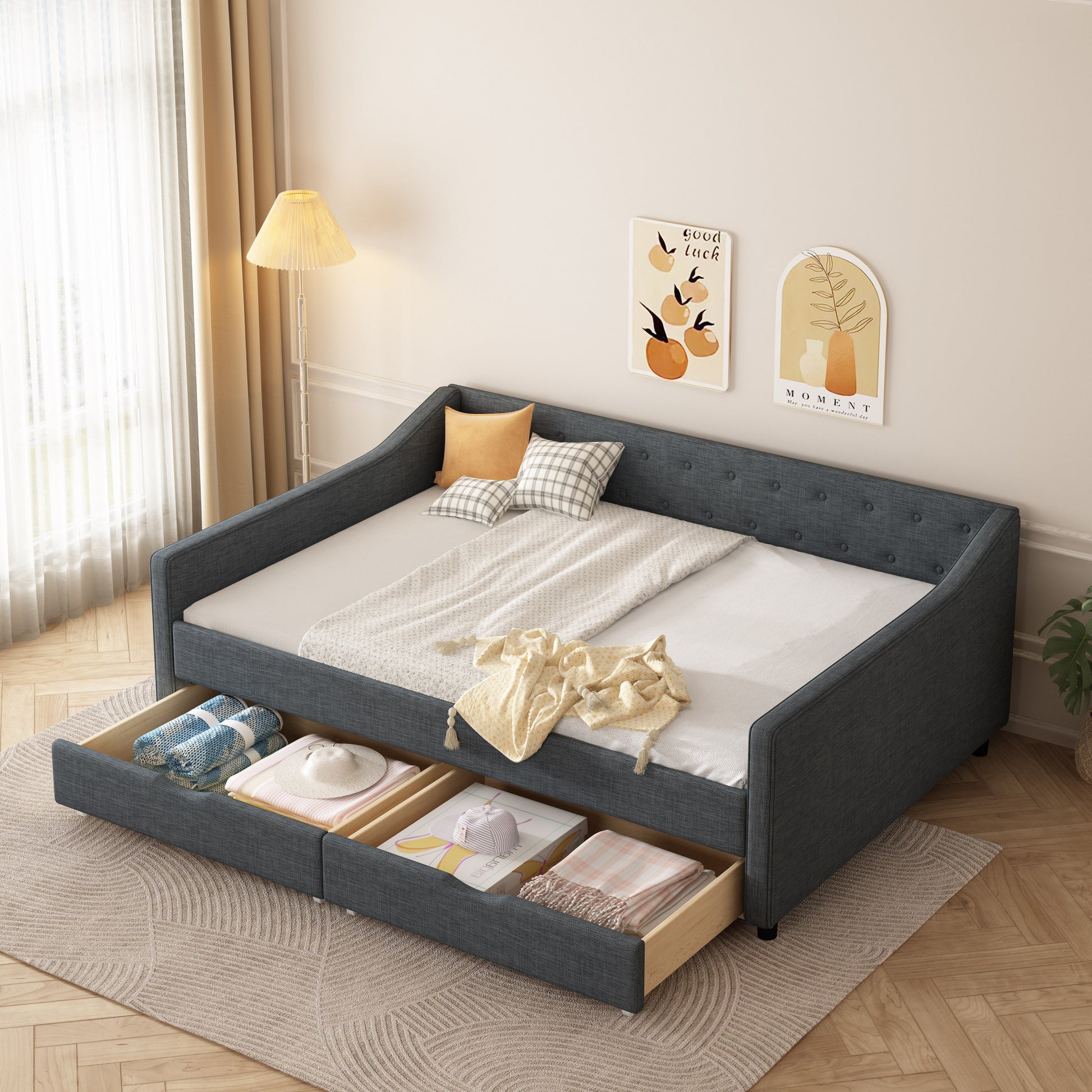Full Size Daybed With Drawers Upholstered Tufted Sofa Bed, With Button On Back And Piping On Waved Shape Arms Dark Grey Full Dark Grey Wood Fabric