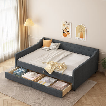 Full Size Daybed With Drawers Upholstered Tufted Sofa Bed, With Button On Back And Piping On Waved Shape Arms Dark Grey Full Dark Grey Wood Fabric