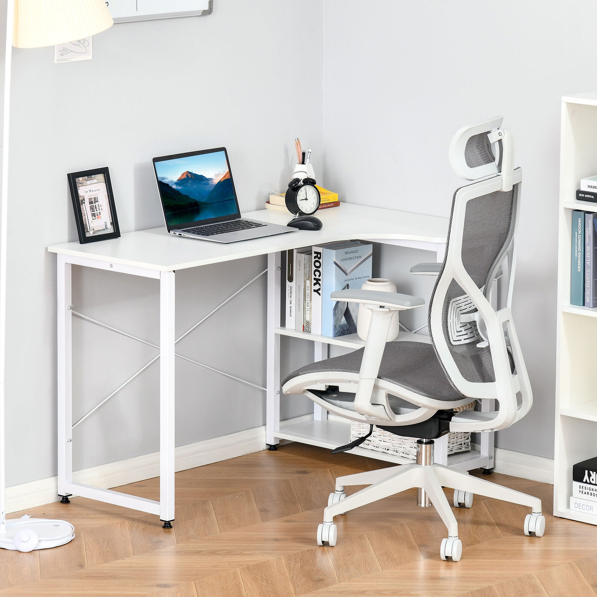 Homcom Industrial L Shaped Computer Desk With 2 Side Shelves And Steel Frame, Corner Desk, Study Workstation For Home Office, White White Engineered Wood