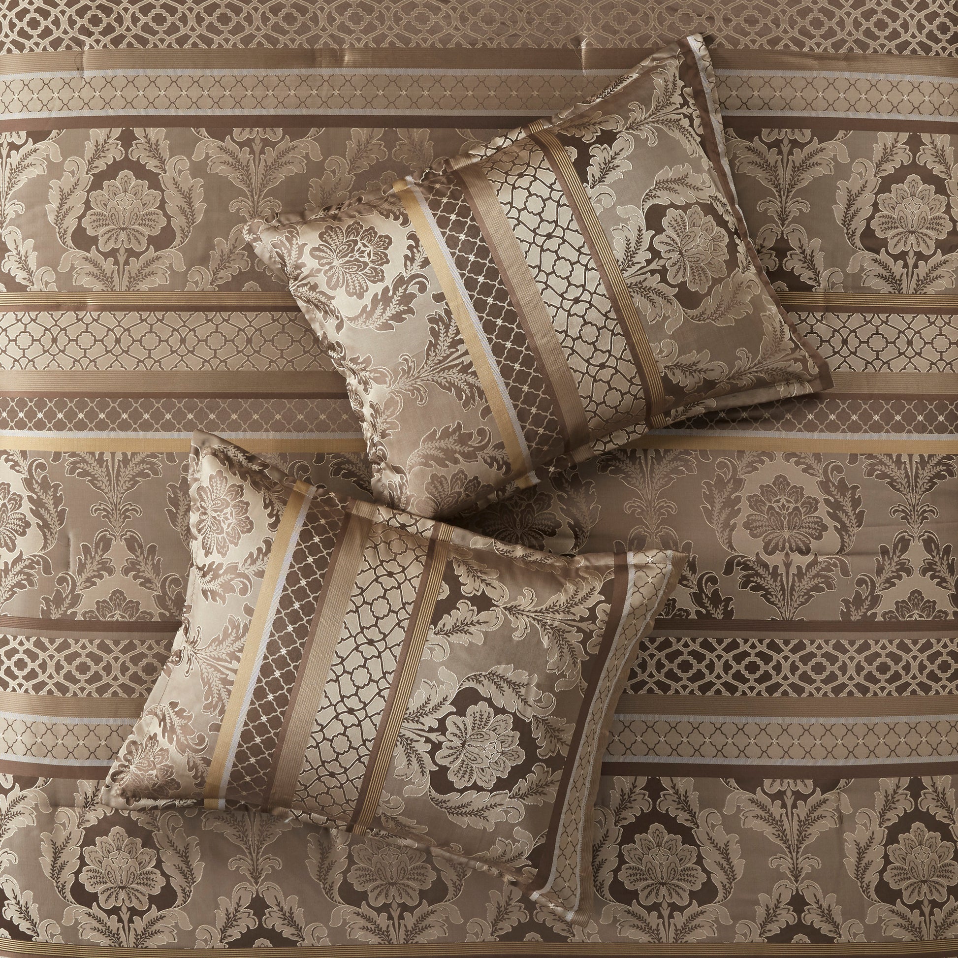 7 Piece Jacquard Comforter Set Brown Gold Queen Queen Brown Gold Polyester