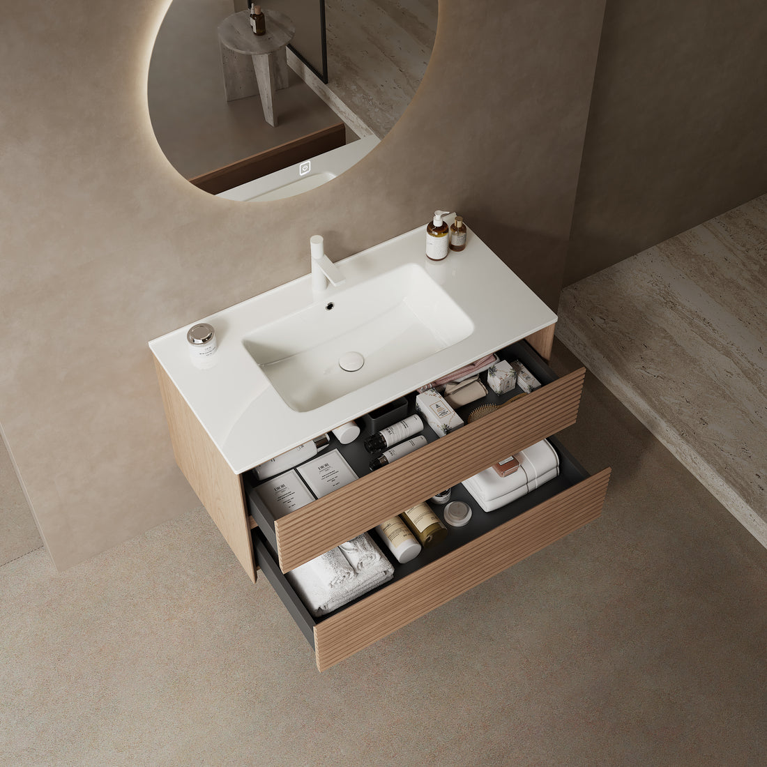 Bron 36" Bathroom Vanity With Sink, Modern Wall Mounted Floating Plywood Bathroom Storage Cabinet With 2 Drawers, White Ceramic Basin With Sink Hole Cover And Drain, Natural Walnut White Natural
